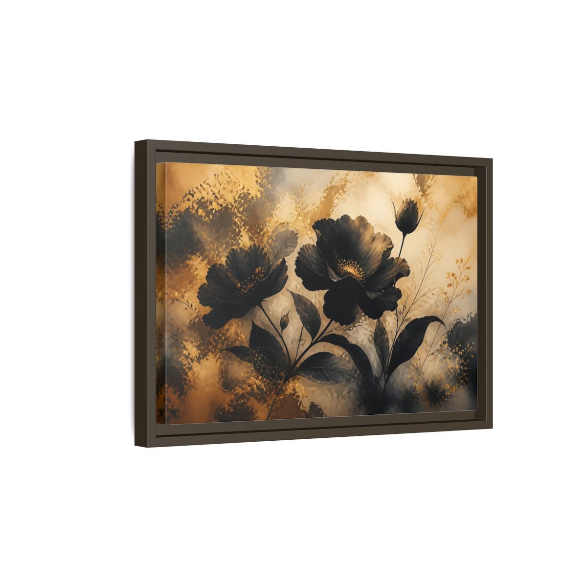 Side Mockup 5. Midnight Gold Blooms shown as framed canvas print