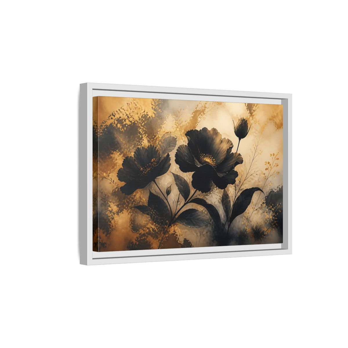 Side Mockup 4. Midnight Gold Blooms shown as framed canvas print