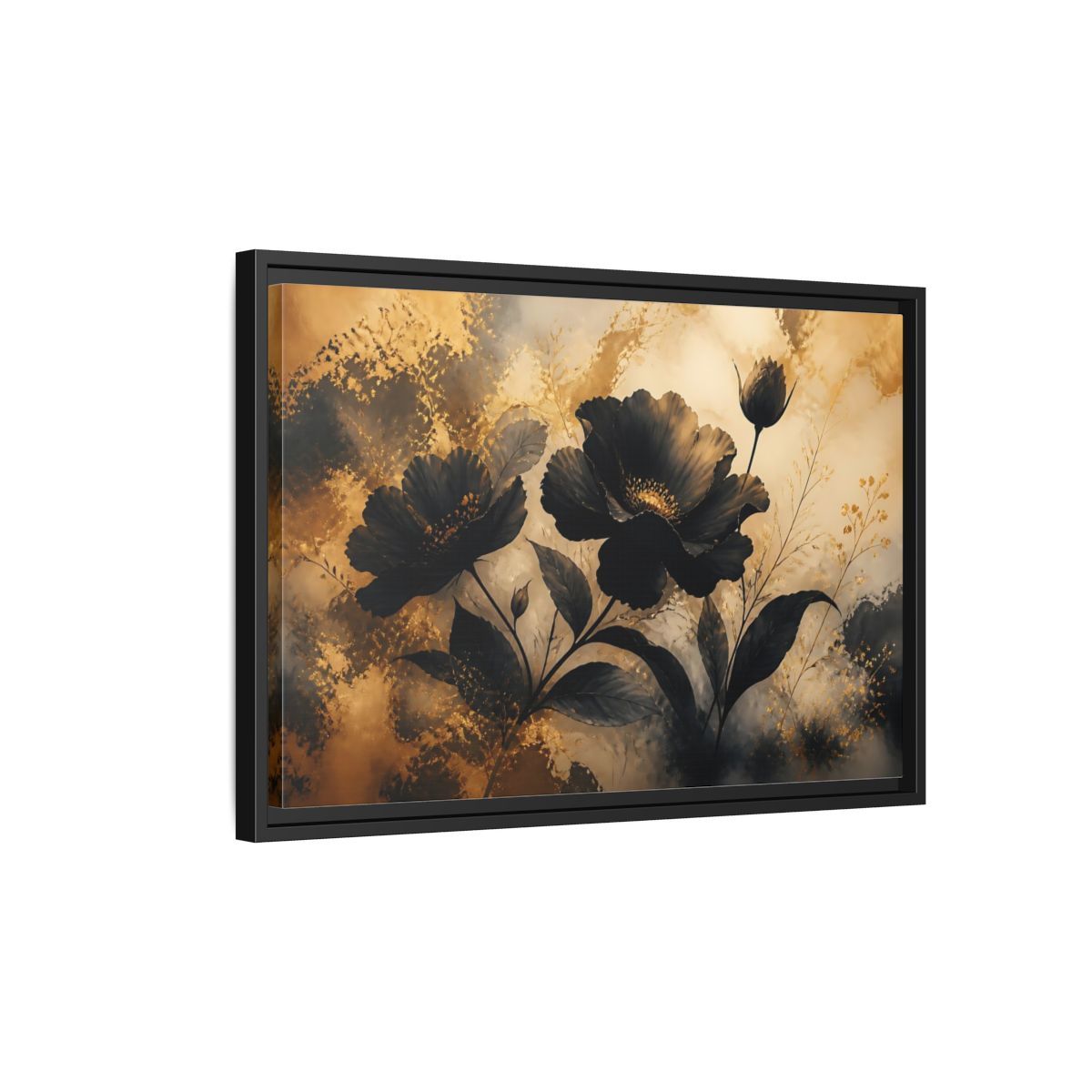 Side Mockup 3. Midnight Gold Blooms shown as framed canvas print