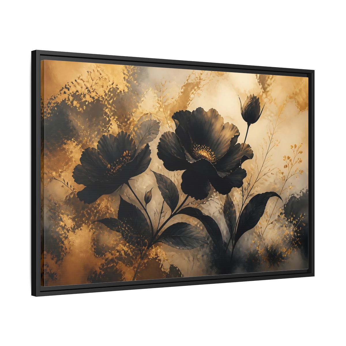 Side Mockup 13. Midnight Gold Blooms shown as framed canvas print