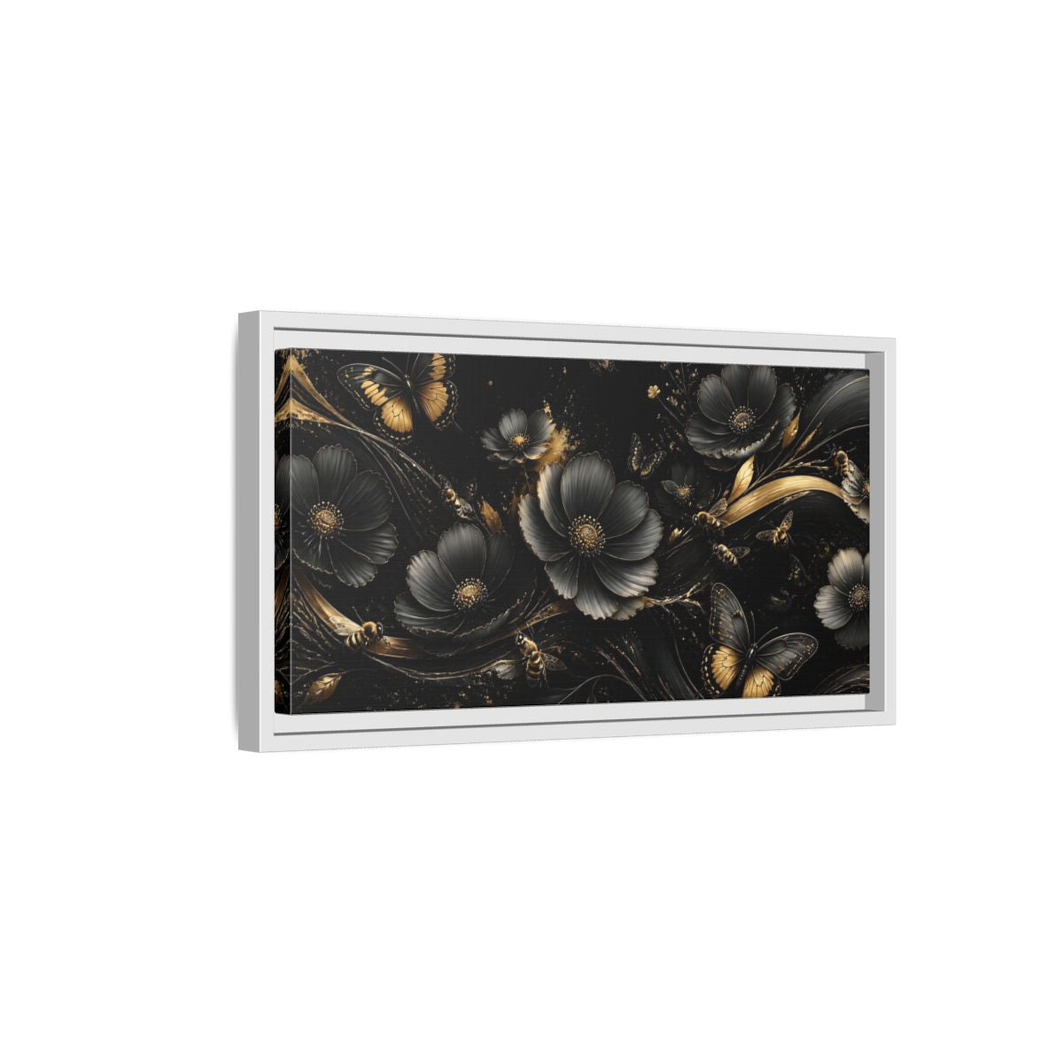 Side Mockup 6. Midnight Gold Blooms shown as framed canvas print