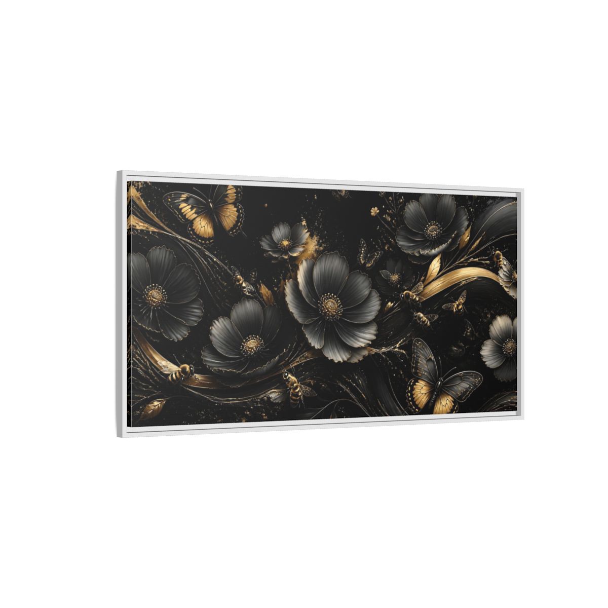 Side Mockup 3. Midnight Gold Blooms shown as framed canvas print