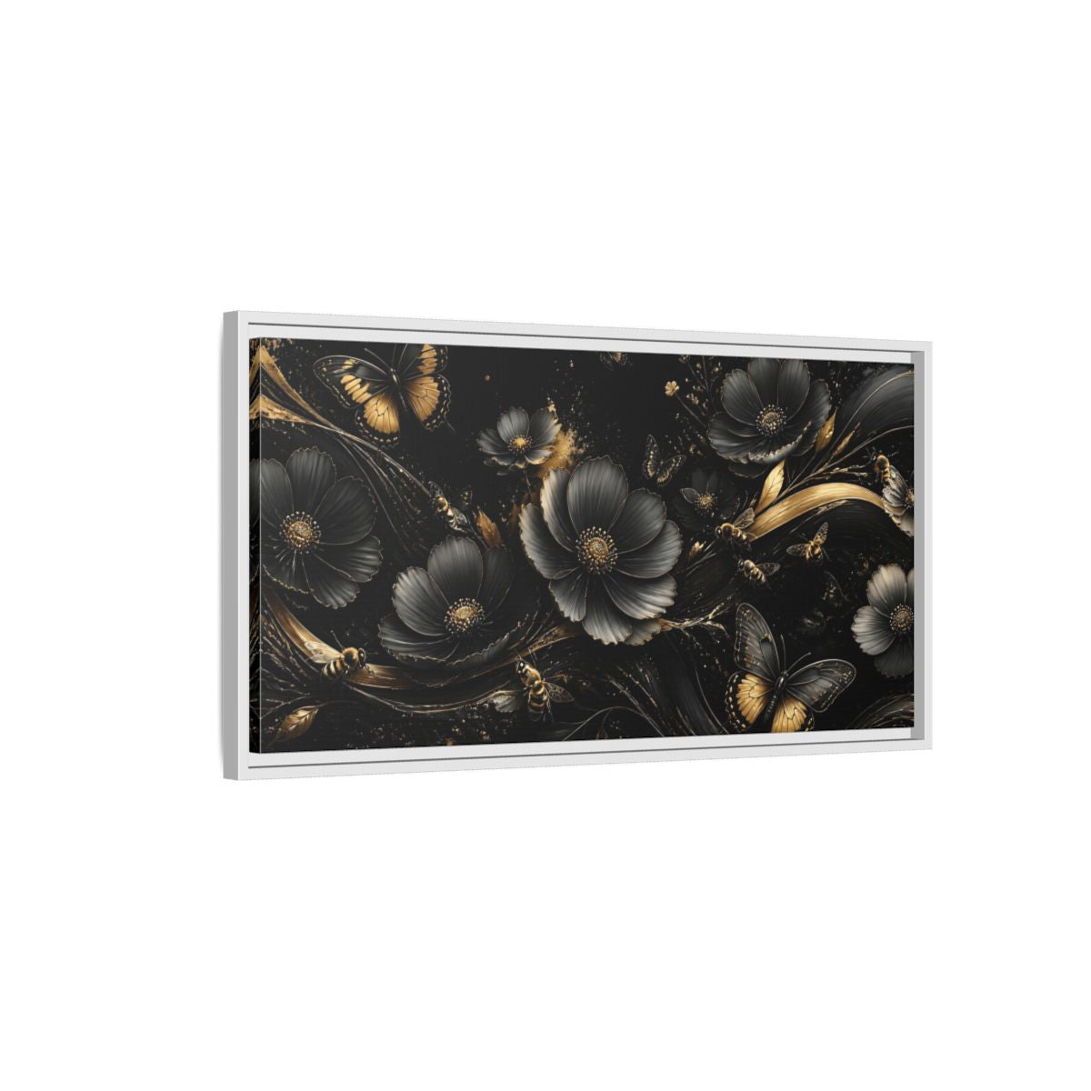 Side Mockup 1. Midnight Gold Blooms shown as framed canvas print