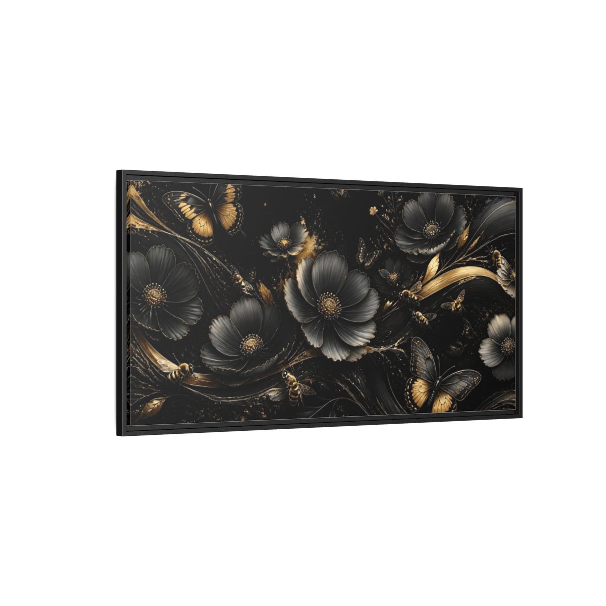 Side Mockup 5. Midnight Gold Blooms shown as framed canvas print