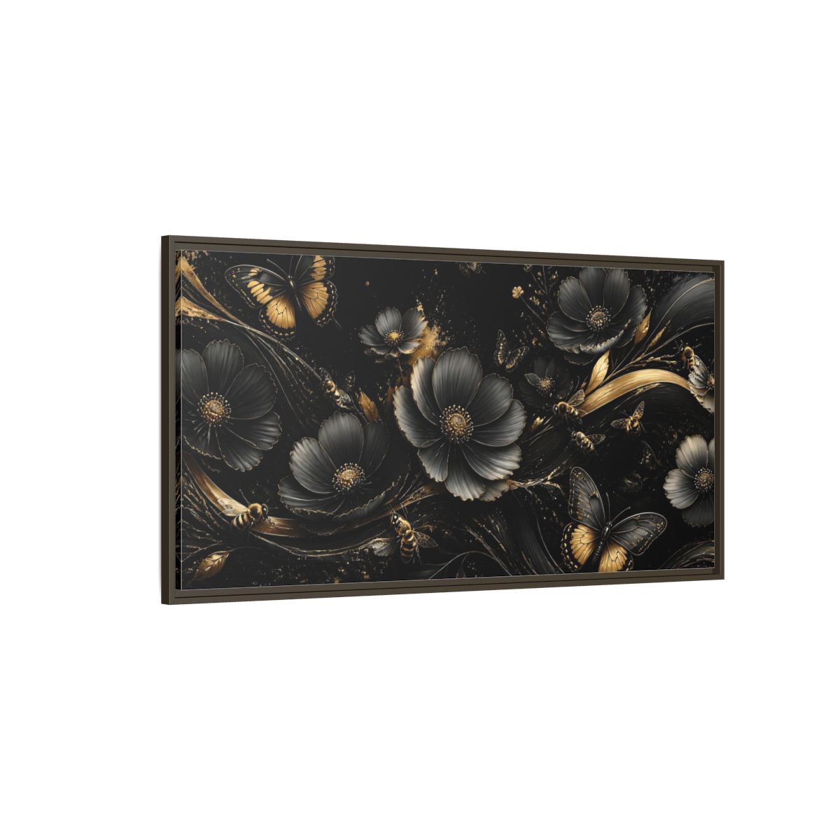 Side Mockup 4. Midnight Gold Blooms shown as framed canvas print