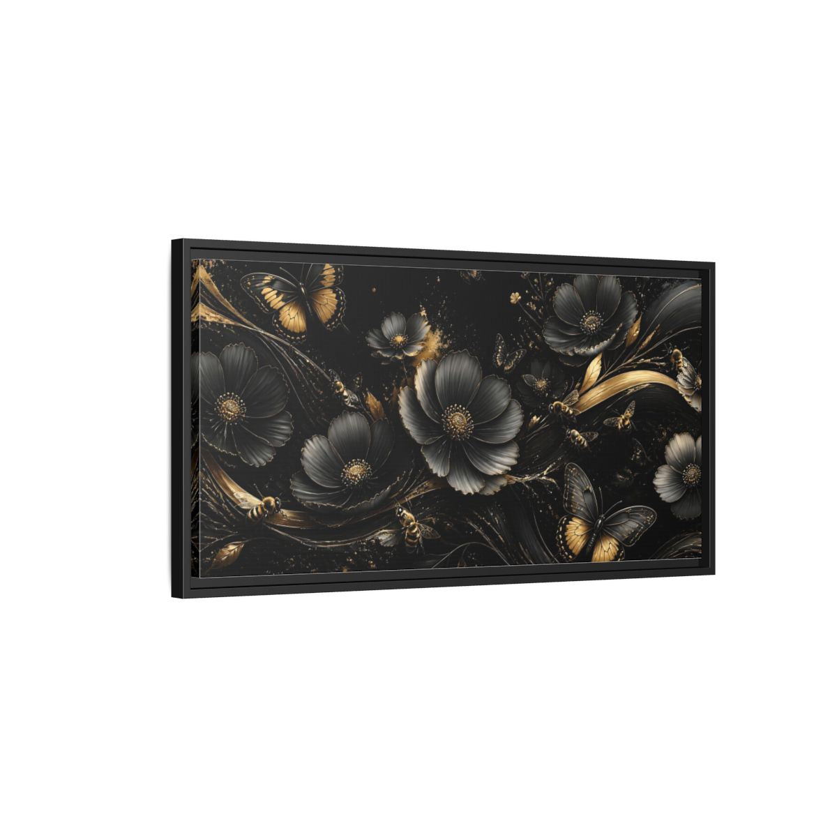 Side Mockup 2. Midnight Gold Blooms shown as framed canvas print