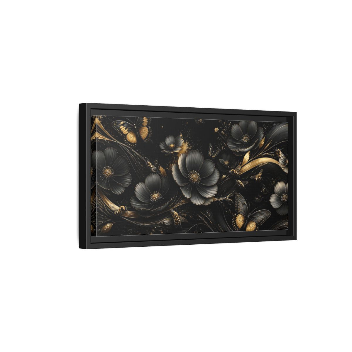 Side Mockup 8. Midnight Gold Blooms shown as framed canvas print