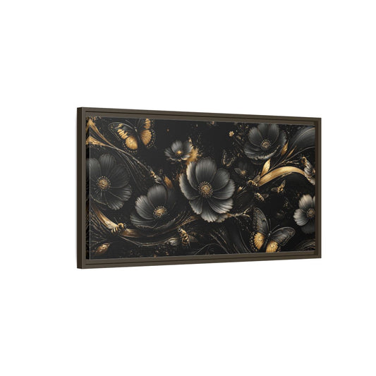 Main Mockup. Midnight Gold Blooms shown as framed canvas print