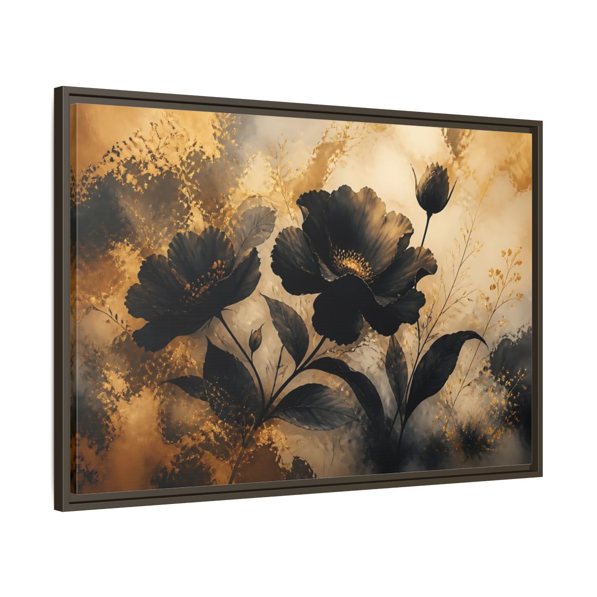Main Mockup. Midnight Gold Blooms shown as framed canvas print