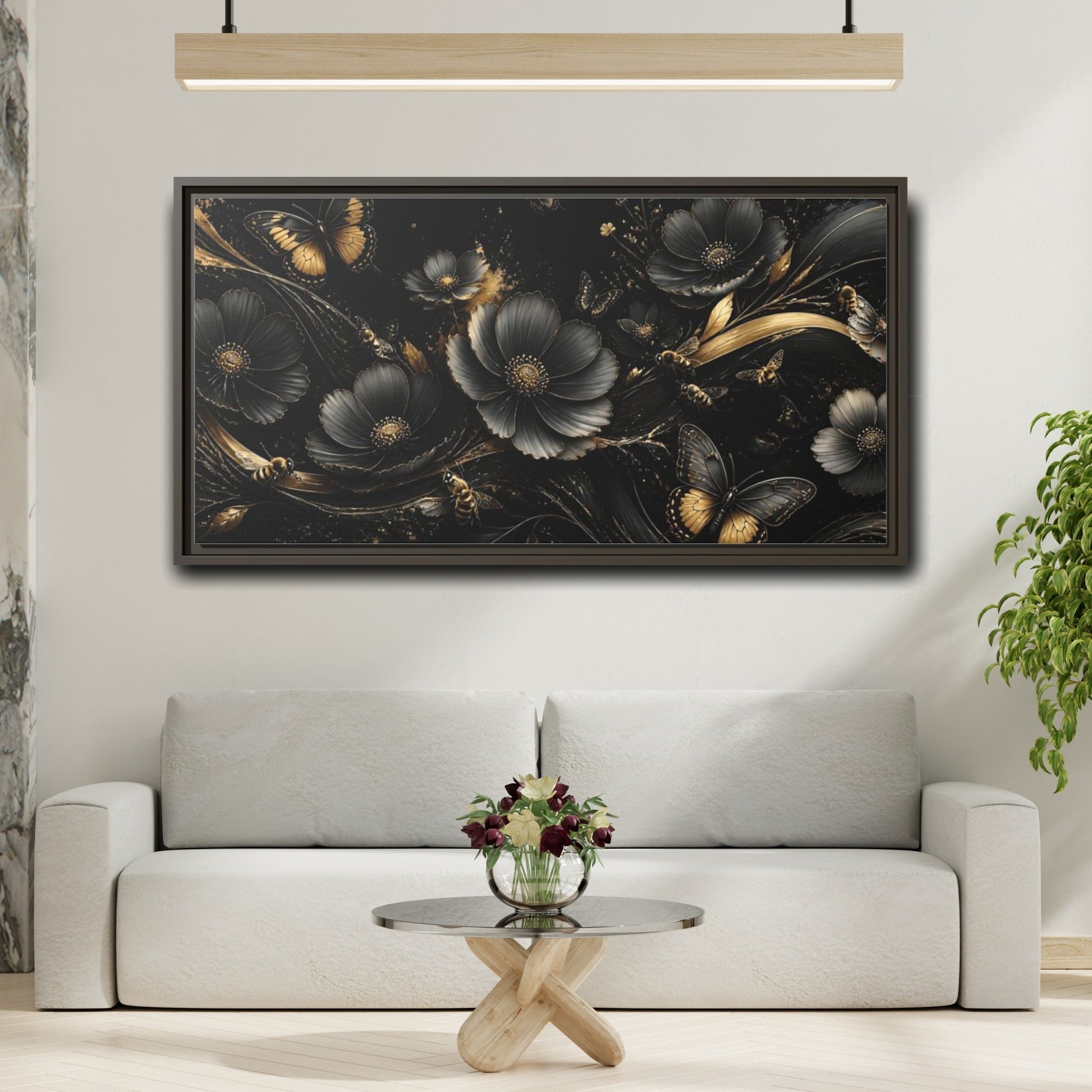 Mockup 2. Midnight Gold Blooms shown as framed canvas print