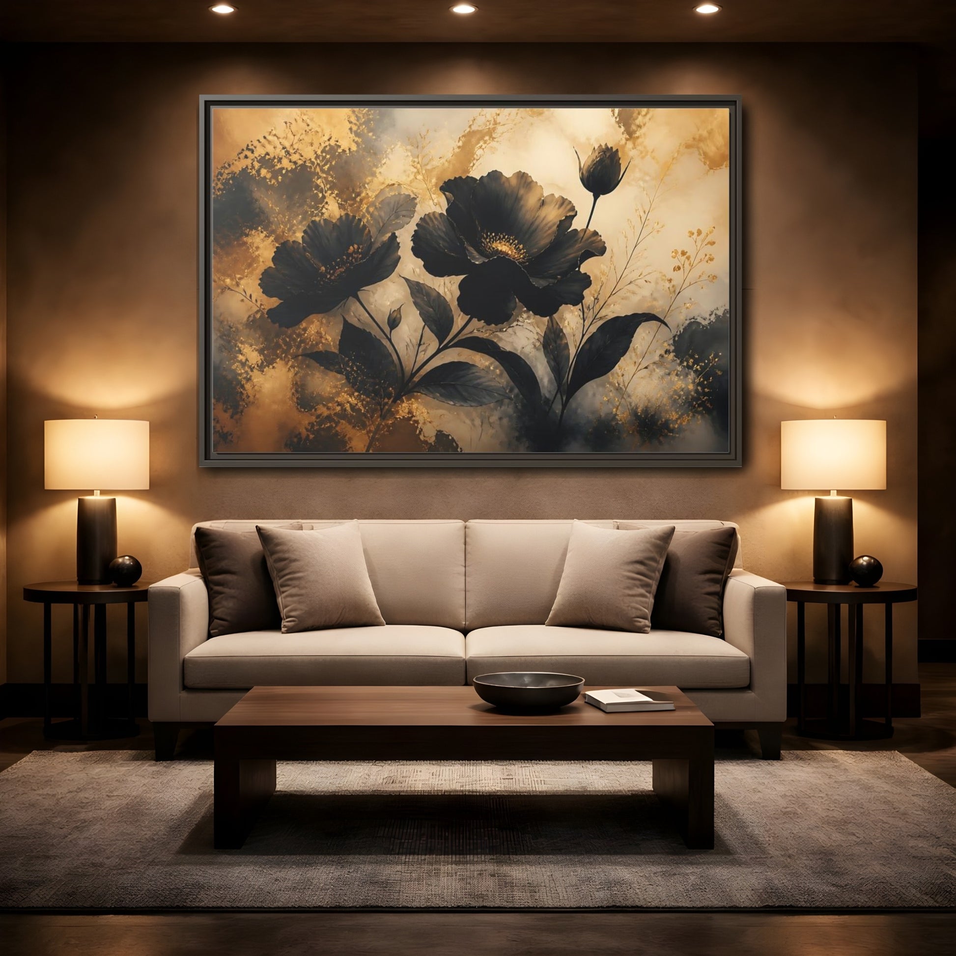 Mockup 2. Midnight Gold Blooms shown as framed canvas print