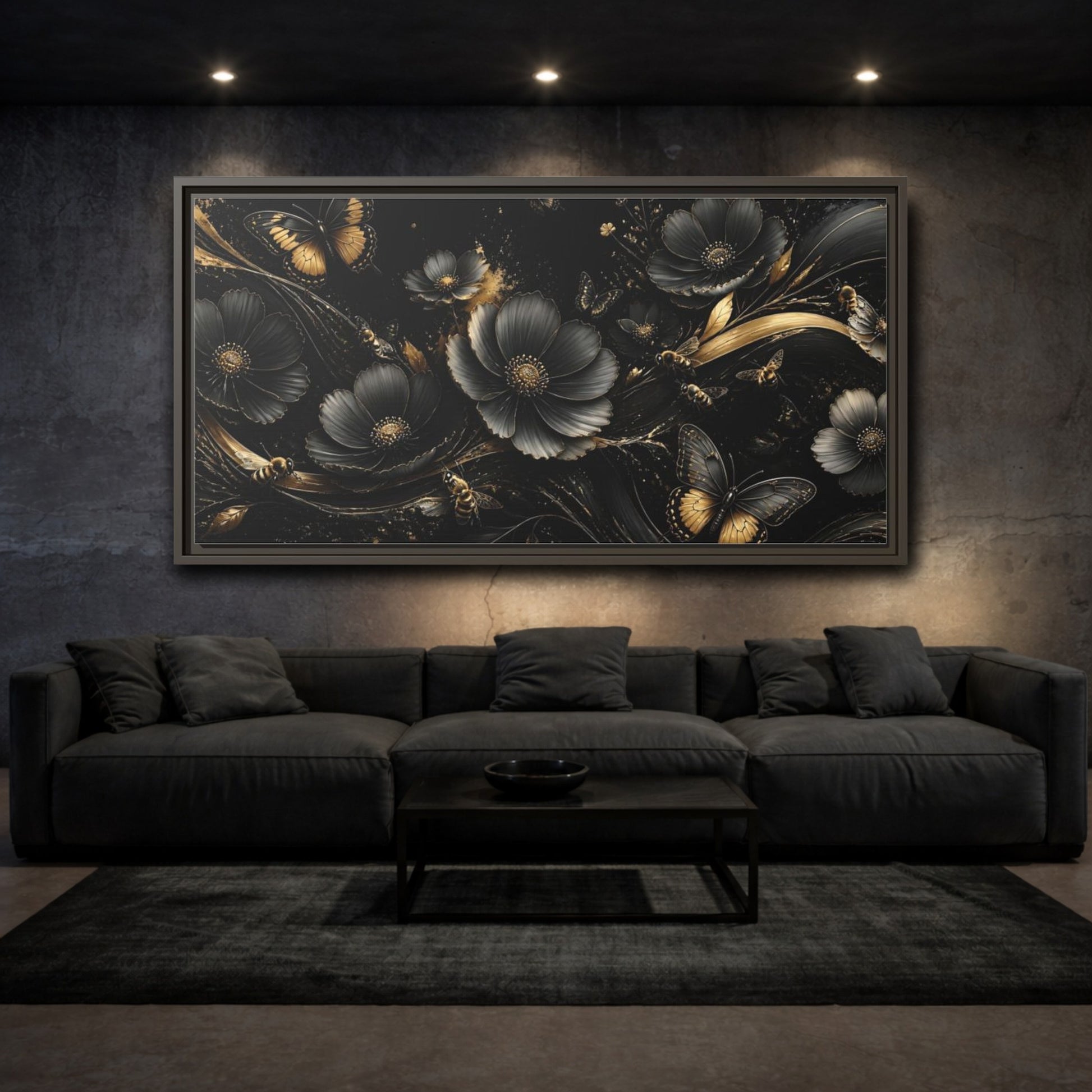 Mockup 3. Midnight Gold Blooms shown as framed canvas print