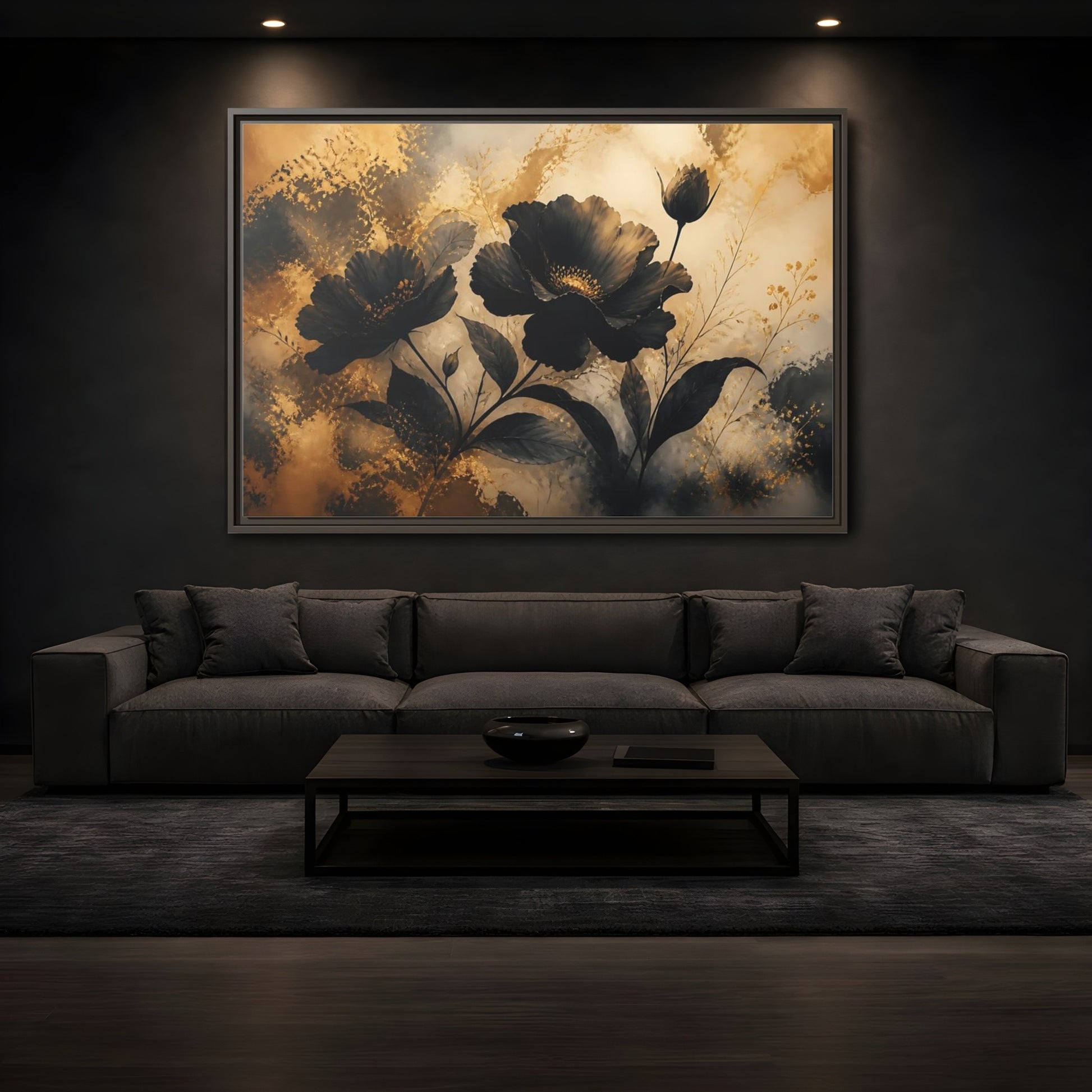 Mockup 3. Midnight Gold Blooms shown as framed canvas print