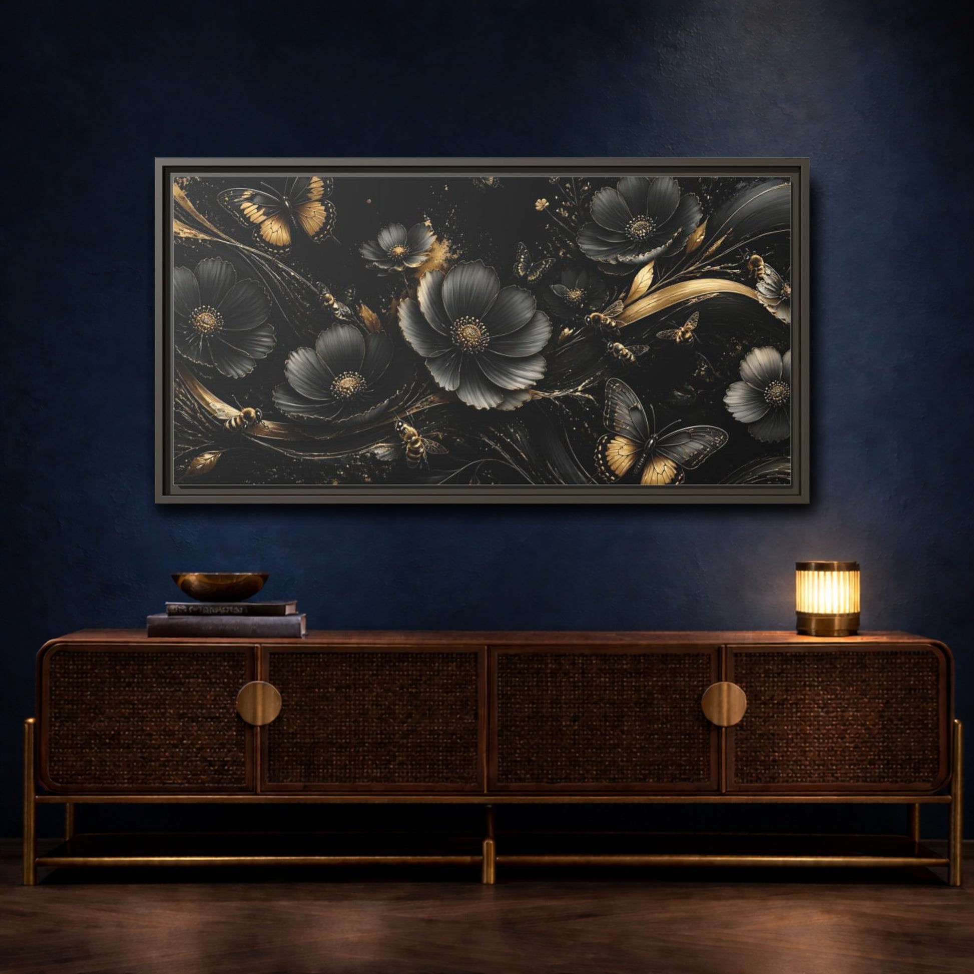 Mockup 4. Midnight Gold Blooms shown as framed canvas print