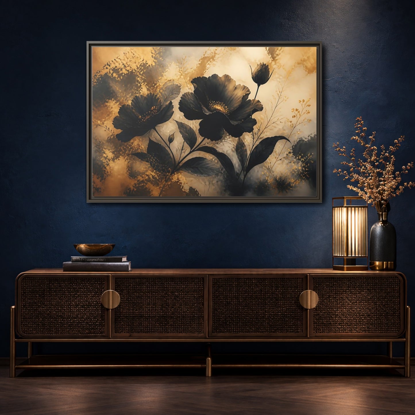 Mockup 4. Midnight Gold Blooms shown as framed canvas print