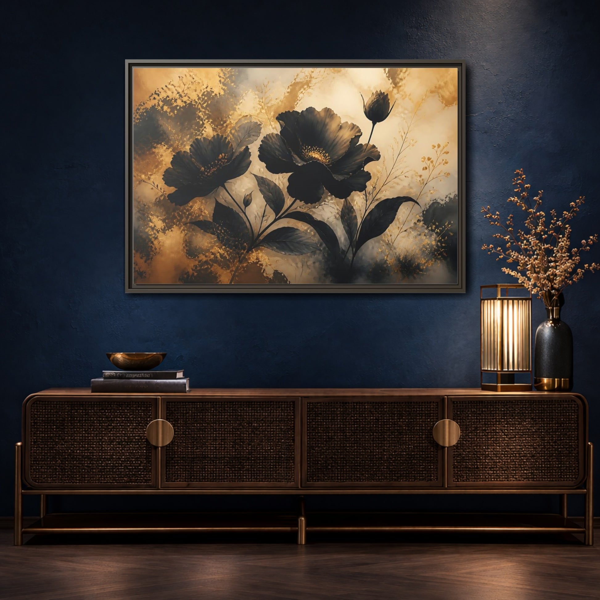 Mockup 4. Midnight Gold Blooms shown as framed canvas print