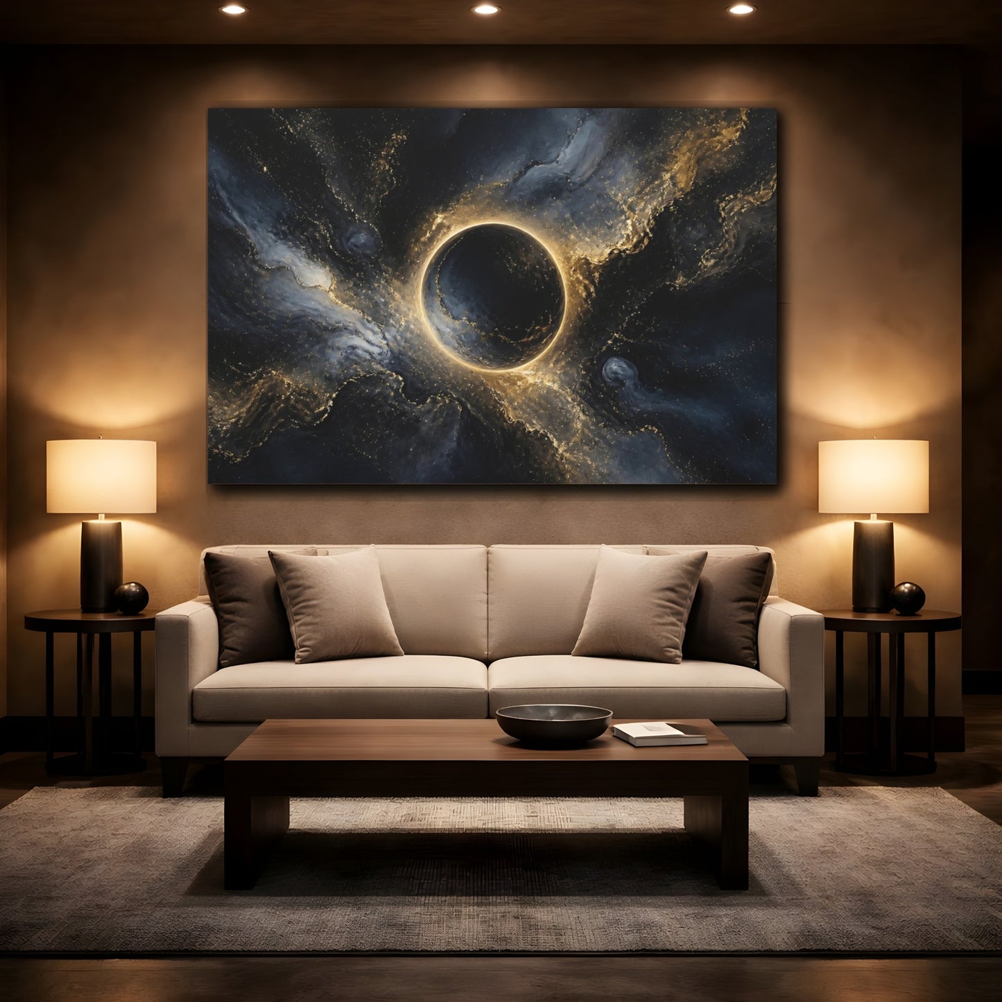 Mockup 2. Midnight Gold Eclipse shown as canvas print