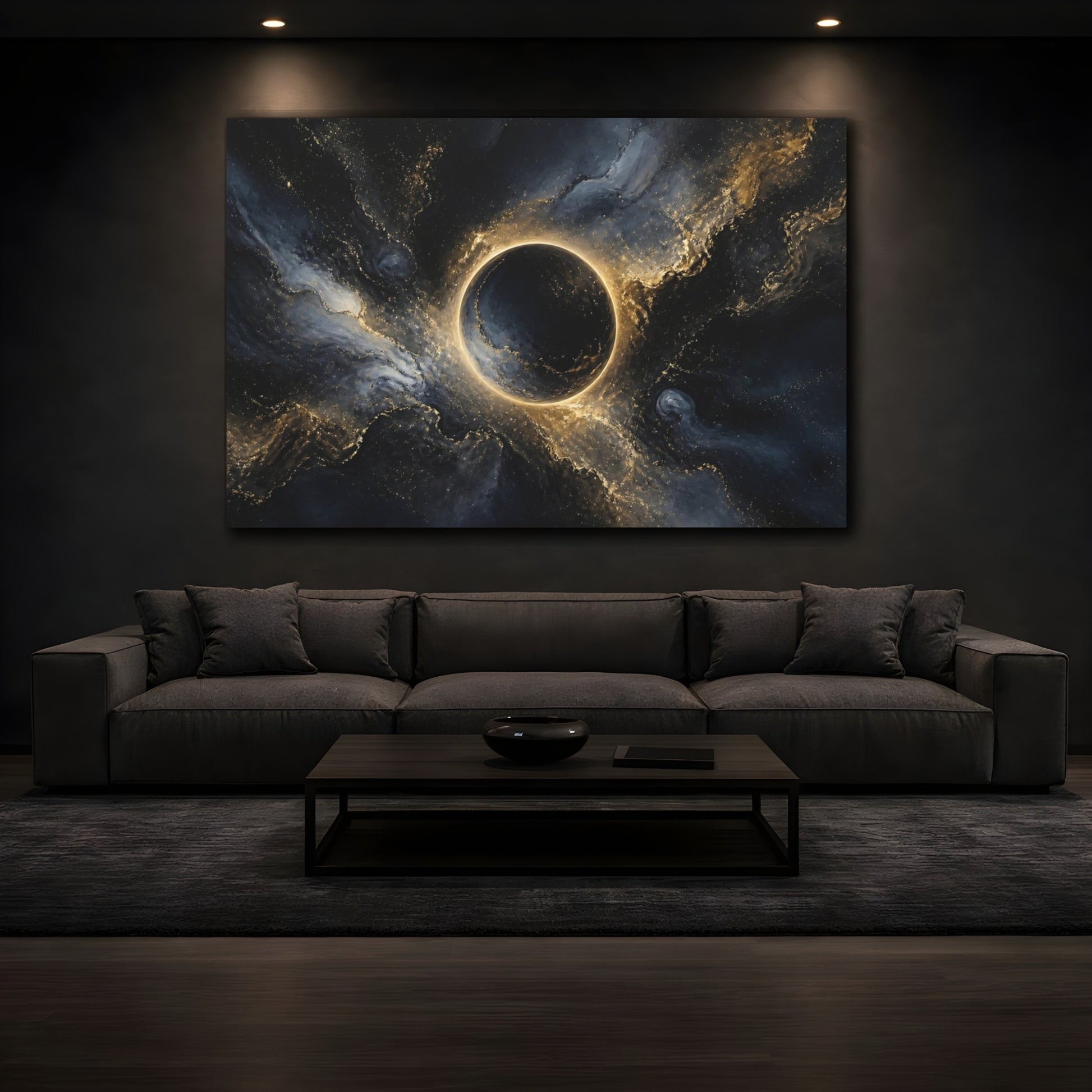 Mockup 3. Midnight Gold Eclipse shown as canvas print