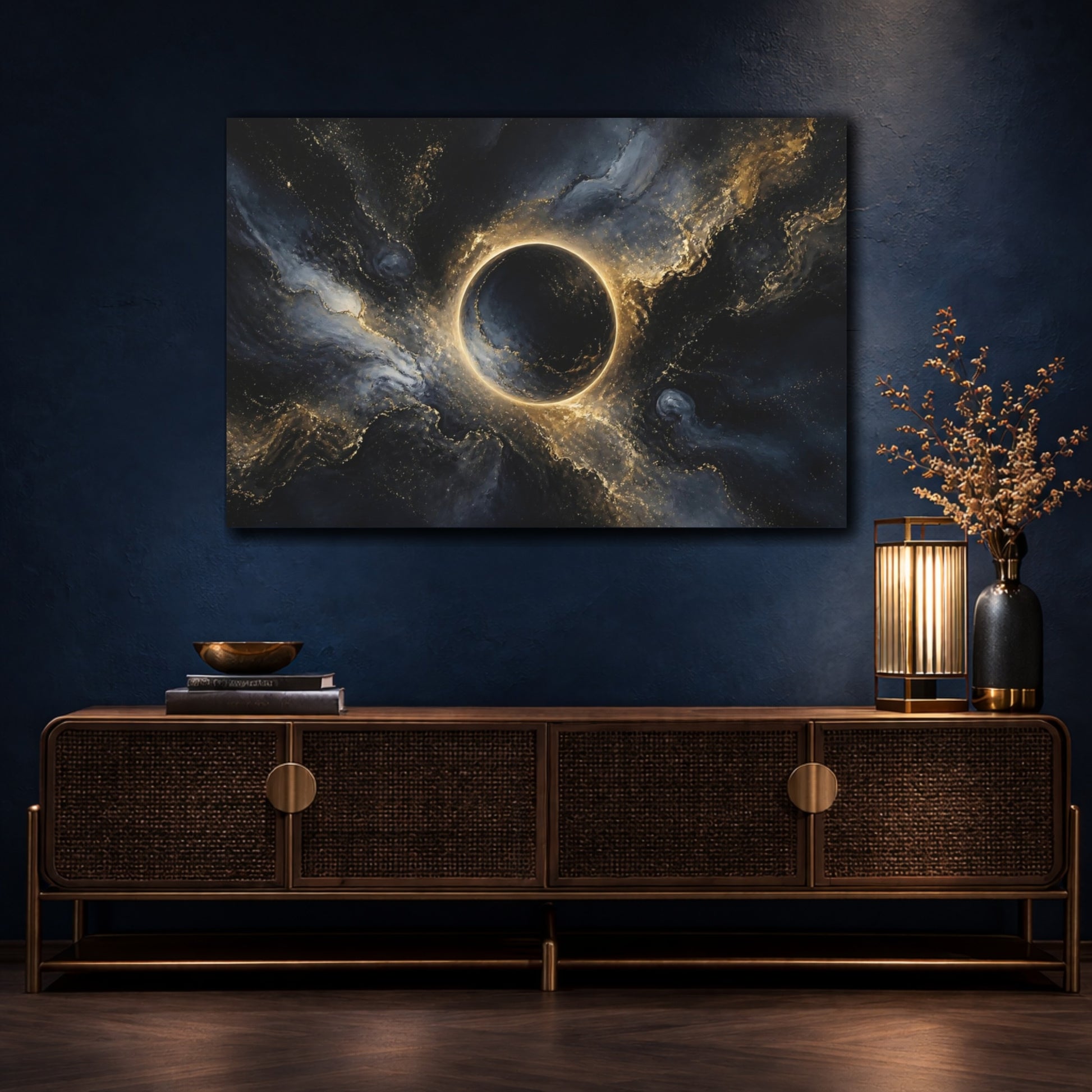 Mockup 4. Midnight Gold Eclipse shown as canvas print