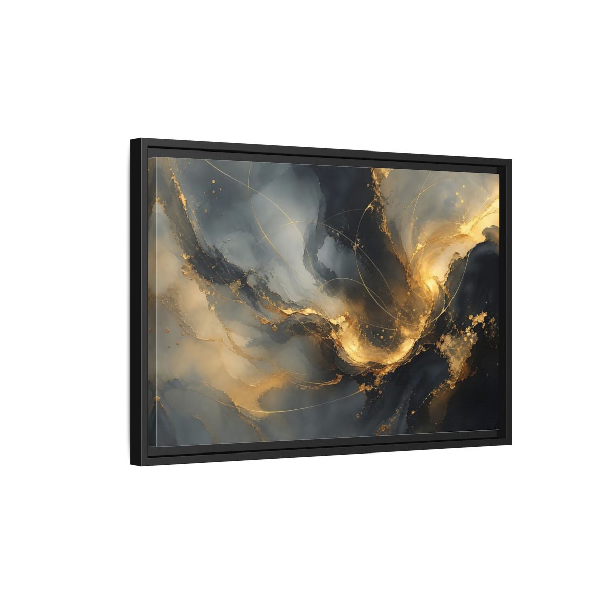 Side Mockup 3. Midnight Gold Swirl shown as framed canvas print