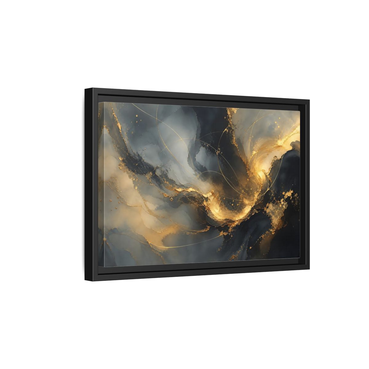 Side Mockup 6. Midnight Gold Swirl shown as framed canvas print