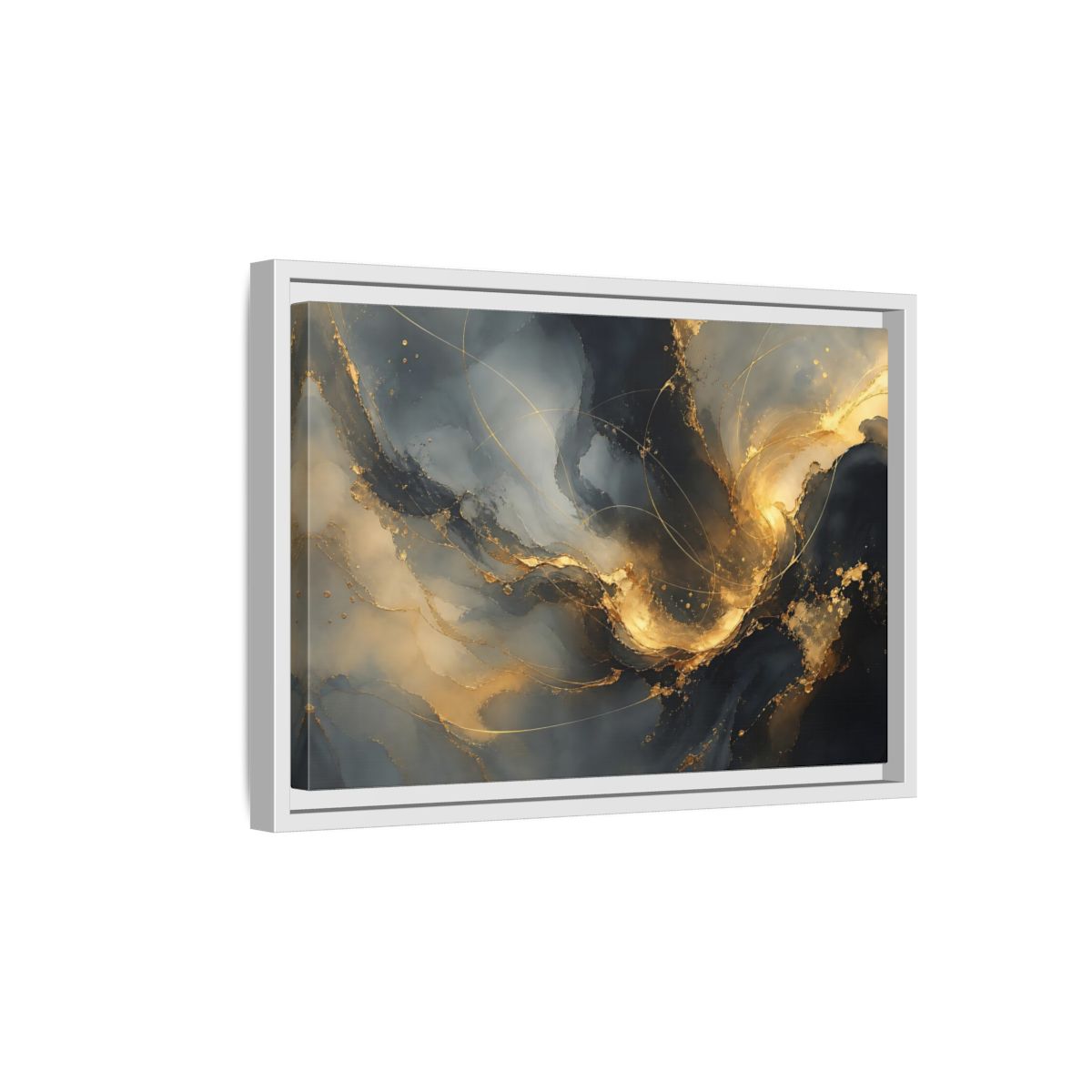 Side Mockup 4. Midnight Gold Swirl shown as framed canvas print