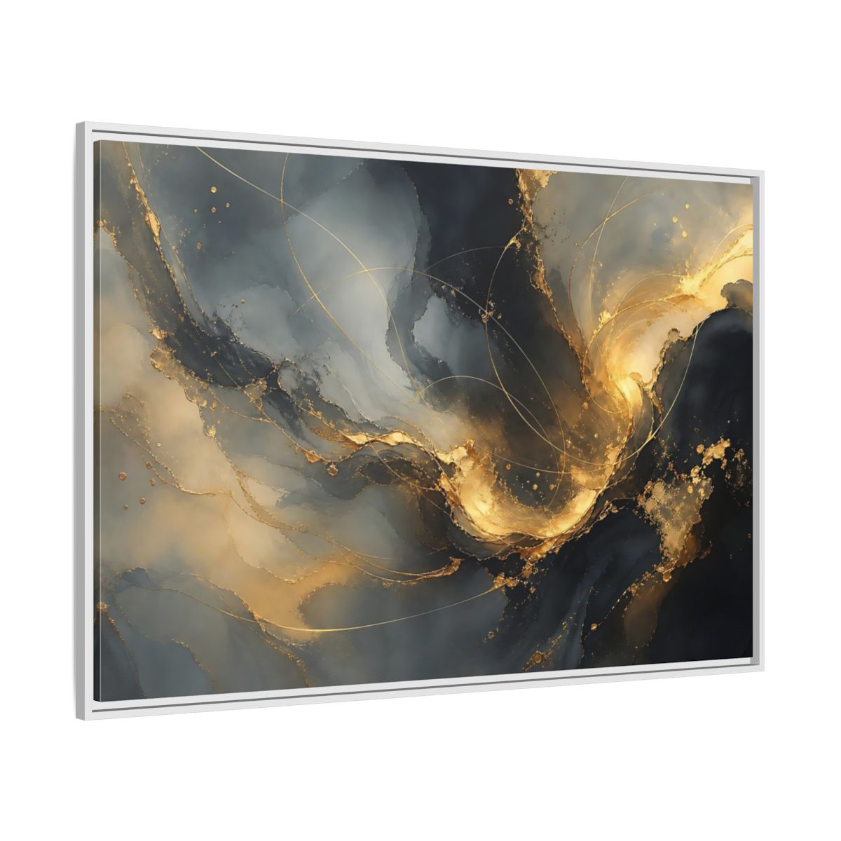 Side Mockup 7. Midnight Gold Swirl shown as framed canvas print