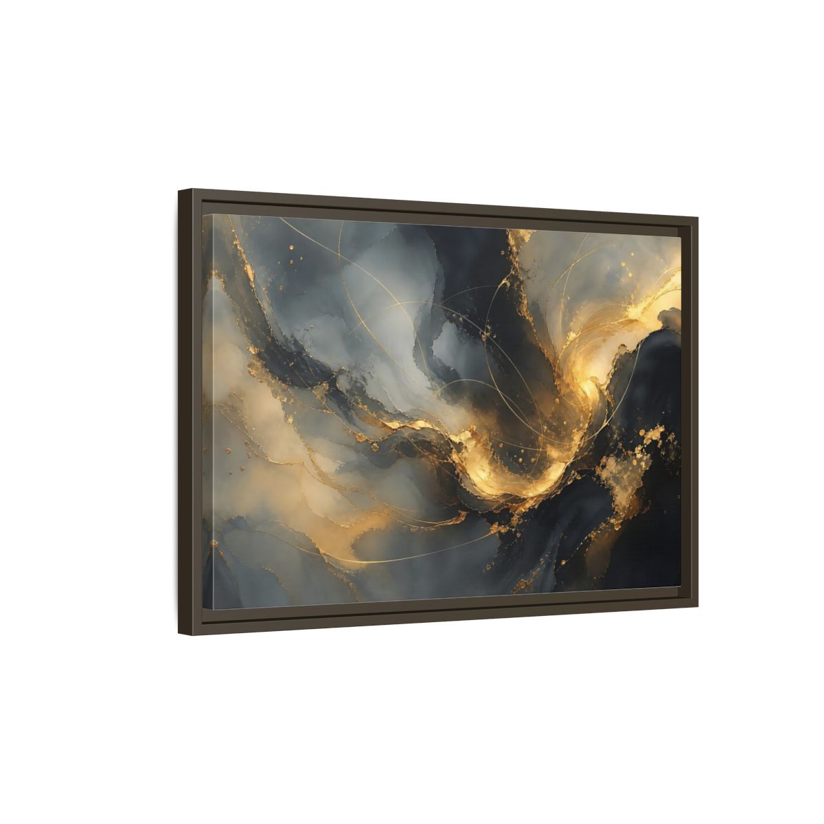 Side Mockup 2. Midnight Gold Swirl shown as framed canvas print