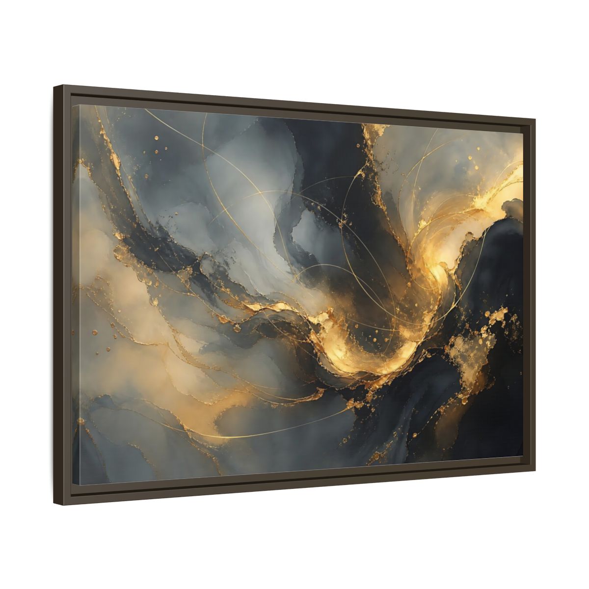 Side Mockup 11. Midnight Gold Swirl shown as framed canvas print