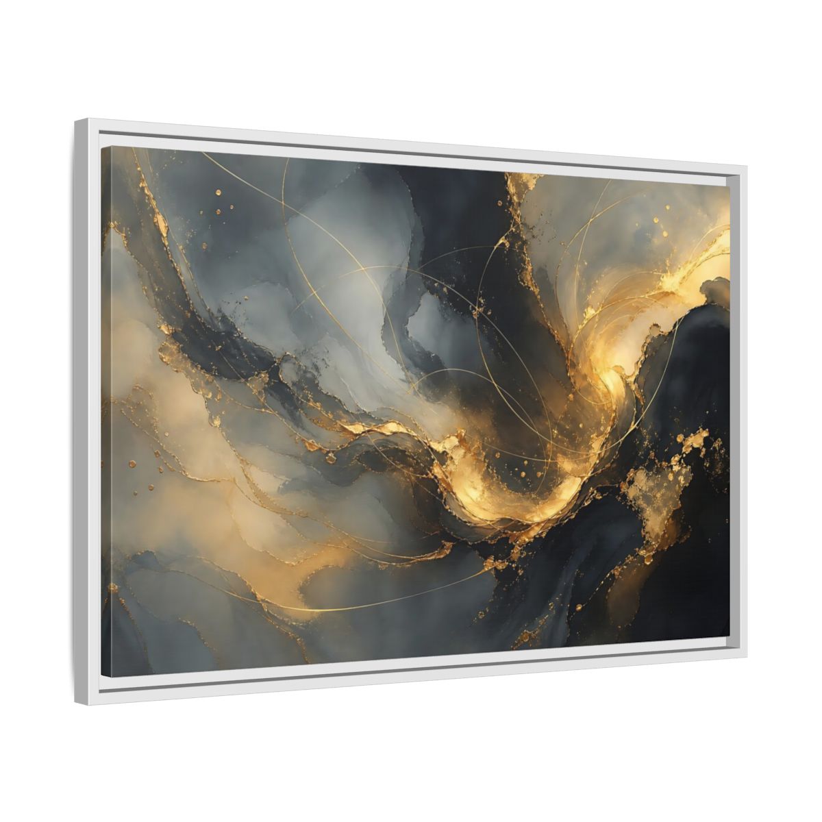 Side Mockup 10. Midnight Gold Swirl shown as framed canvas print