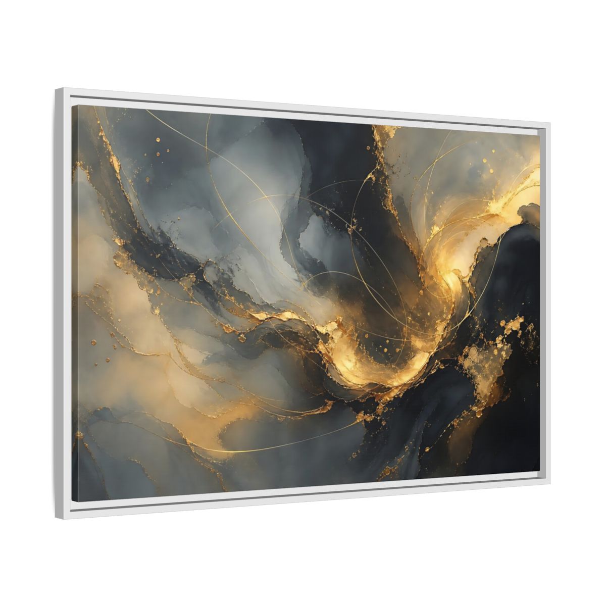 Side Mockup 9. Midnight Gold Swirl shown as framed canvas print