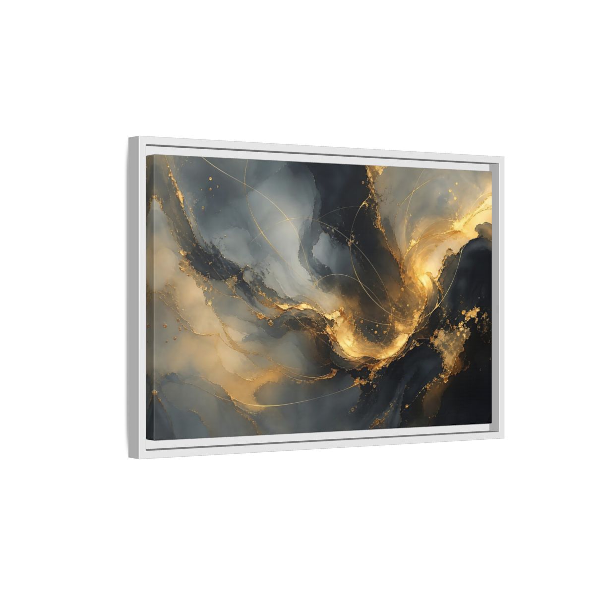Side Mockup 1. Midnight Gold Swirl shown as framed canvas print