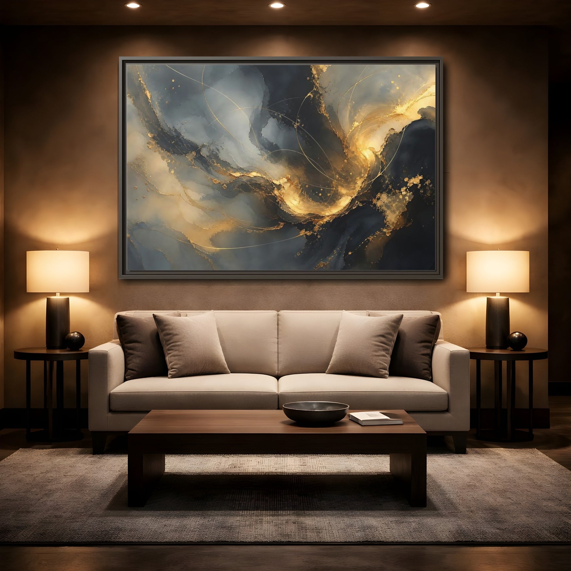 Mockup 2. Midnight Gold Swirl shown as framed canvas print