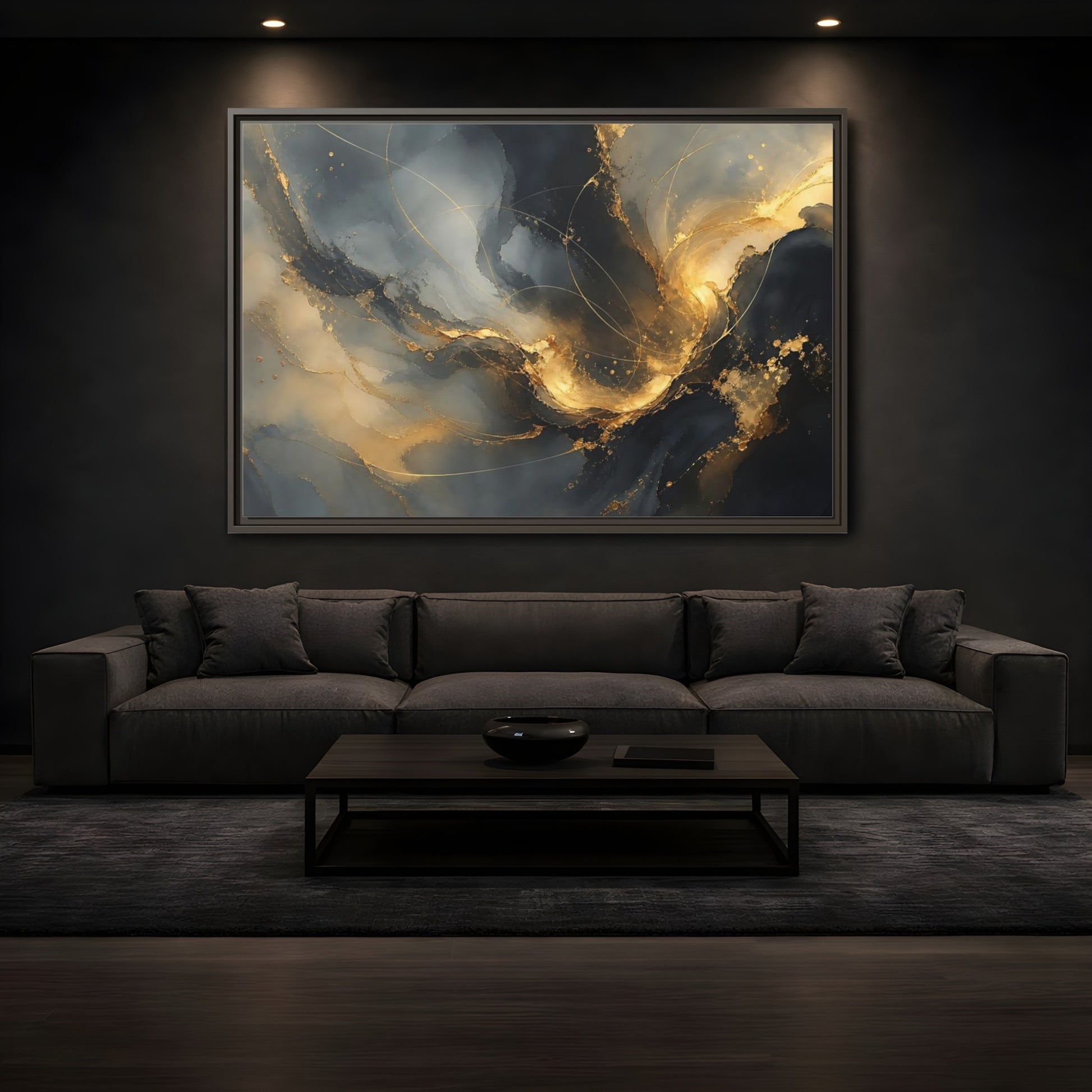 Mockup 3. Midnight Gold Swirl shown as framed canvas print