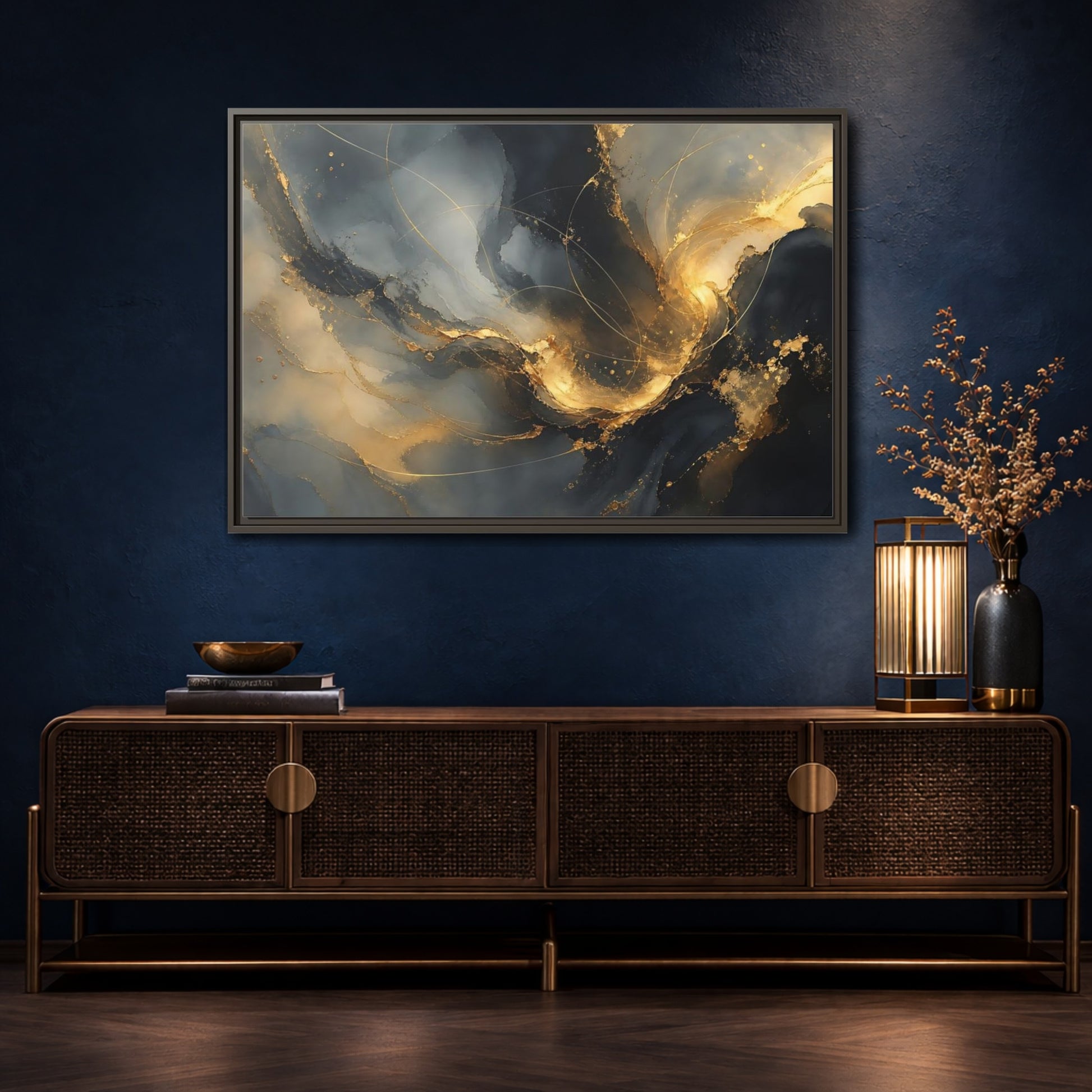 Mockup 4. Midnight Gold Swirl shown as framed canvas print