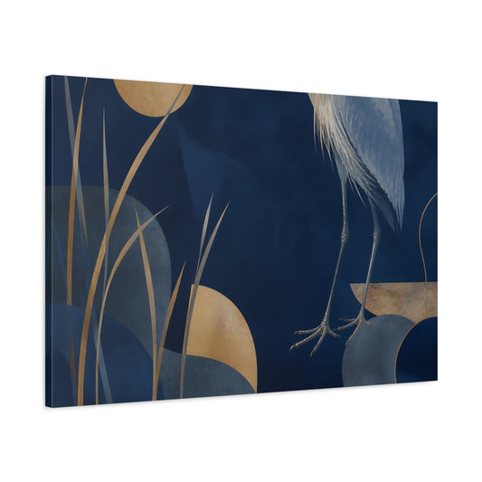 Main Mockup. Midnight Heron And Reeds shown as canvas print