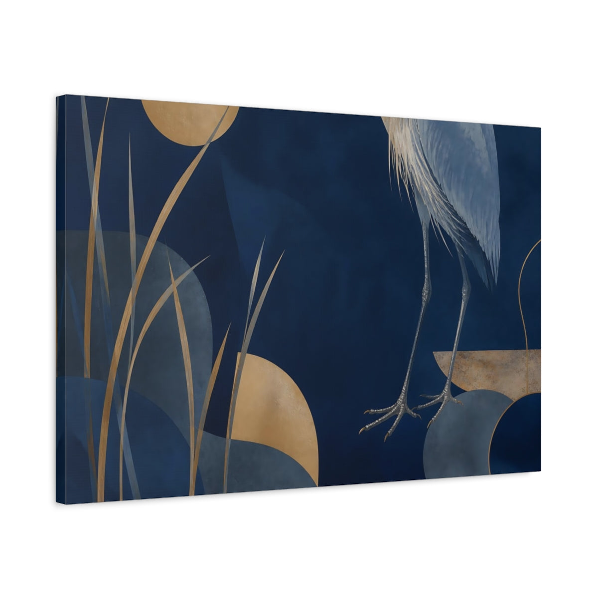 Side Mockup 2. Midnight Heron And Reeds shown as canvas print