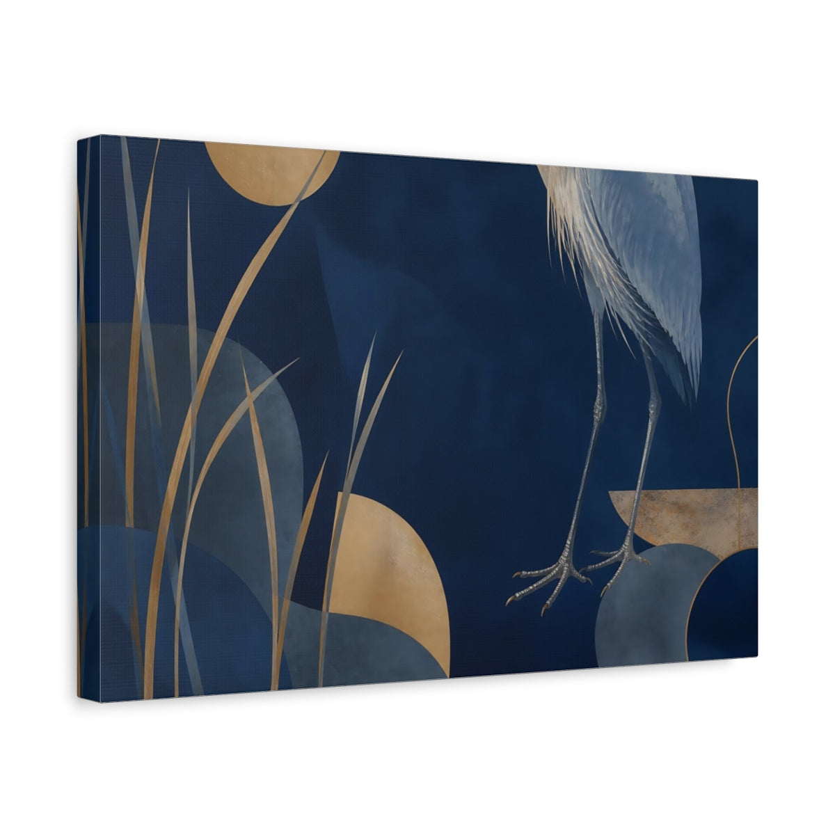 Side Mockup 4. Midnight Heron And Reeds shown as canvas print