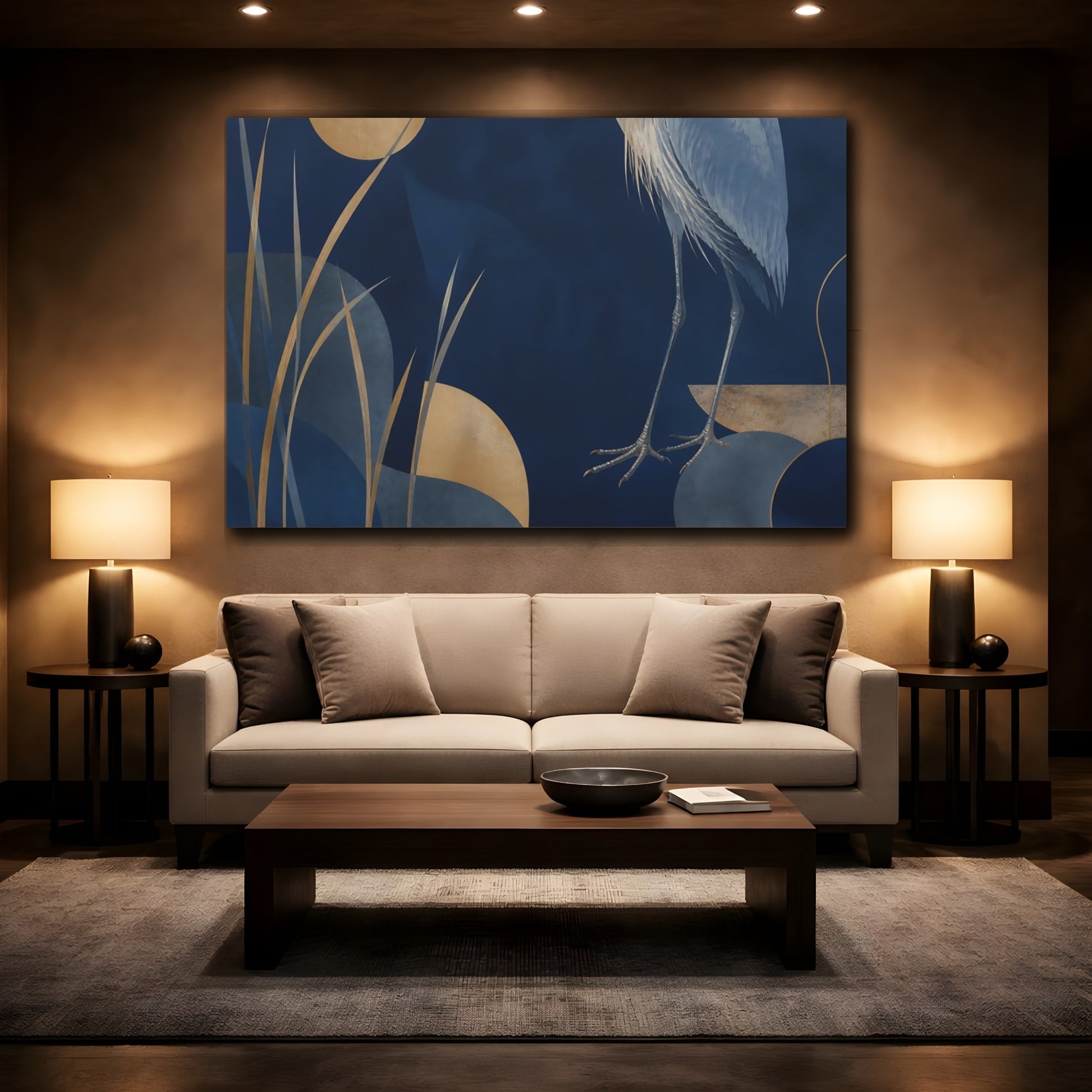 Mockup 2. Midnight Heron And Reeds shown as canvas print
