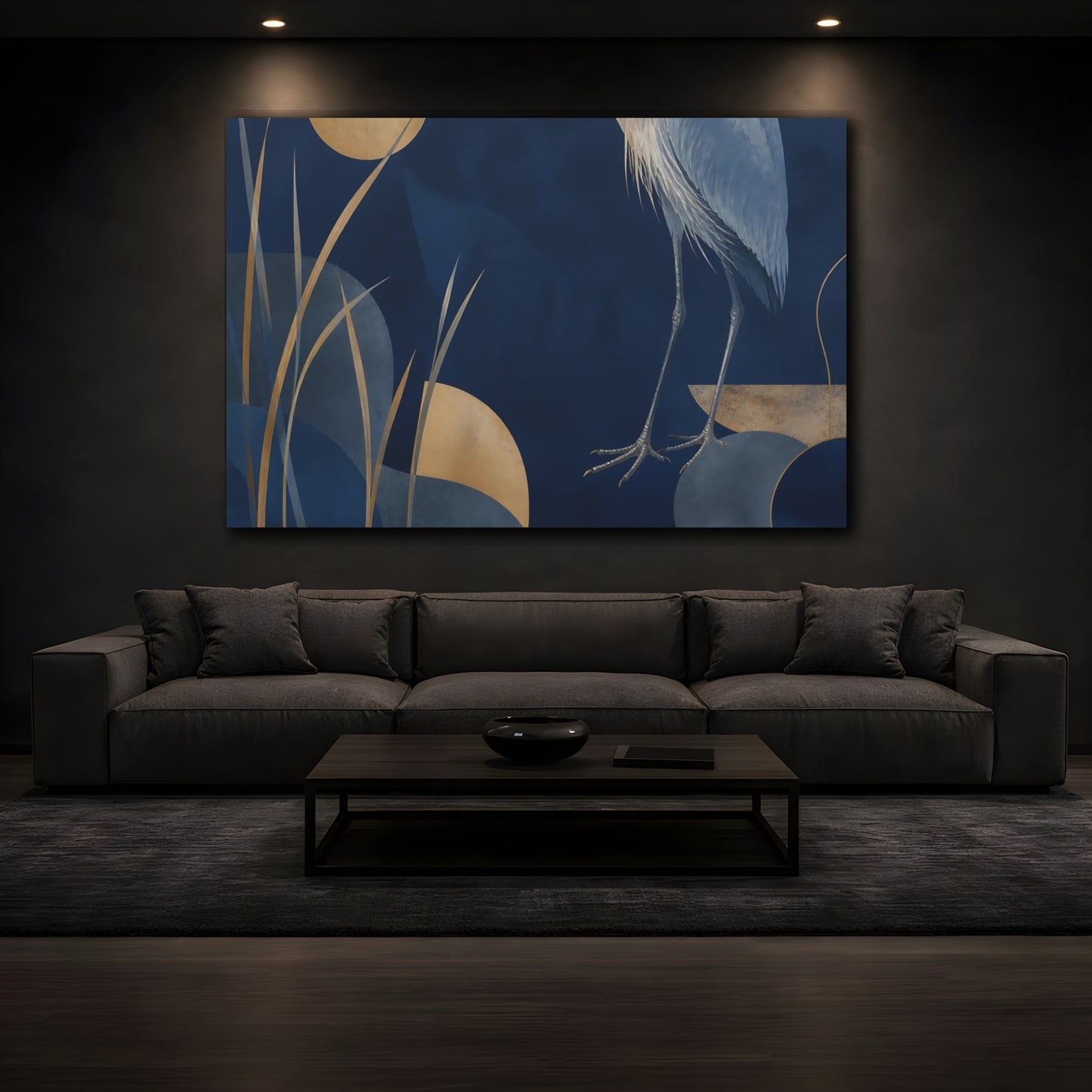 Mockup 3. Midnight Heron And Reeds shown as canvas print