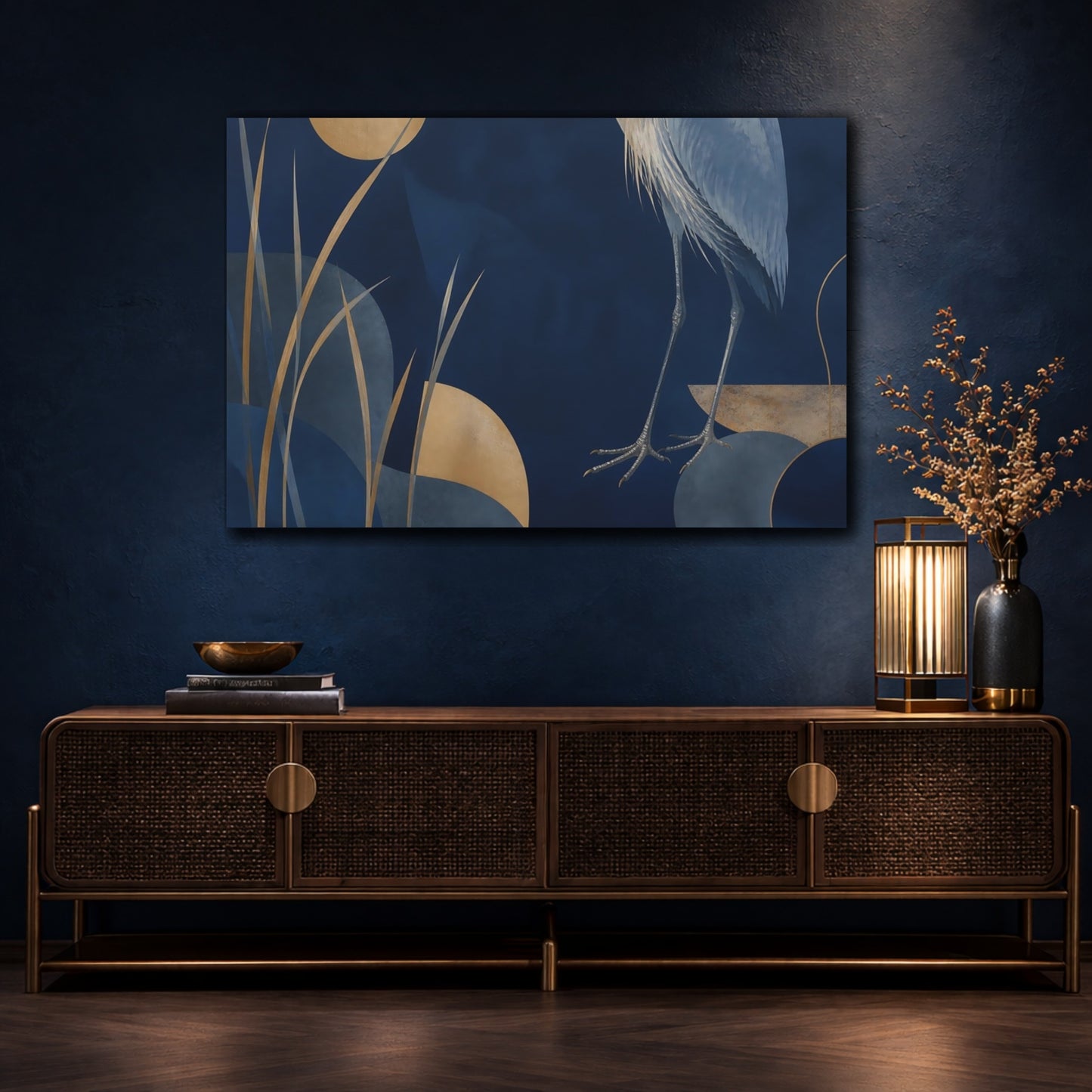 Mockup 4. Midnight Heron And Reeds shown as canvas print