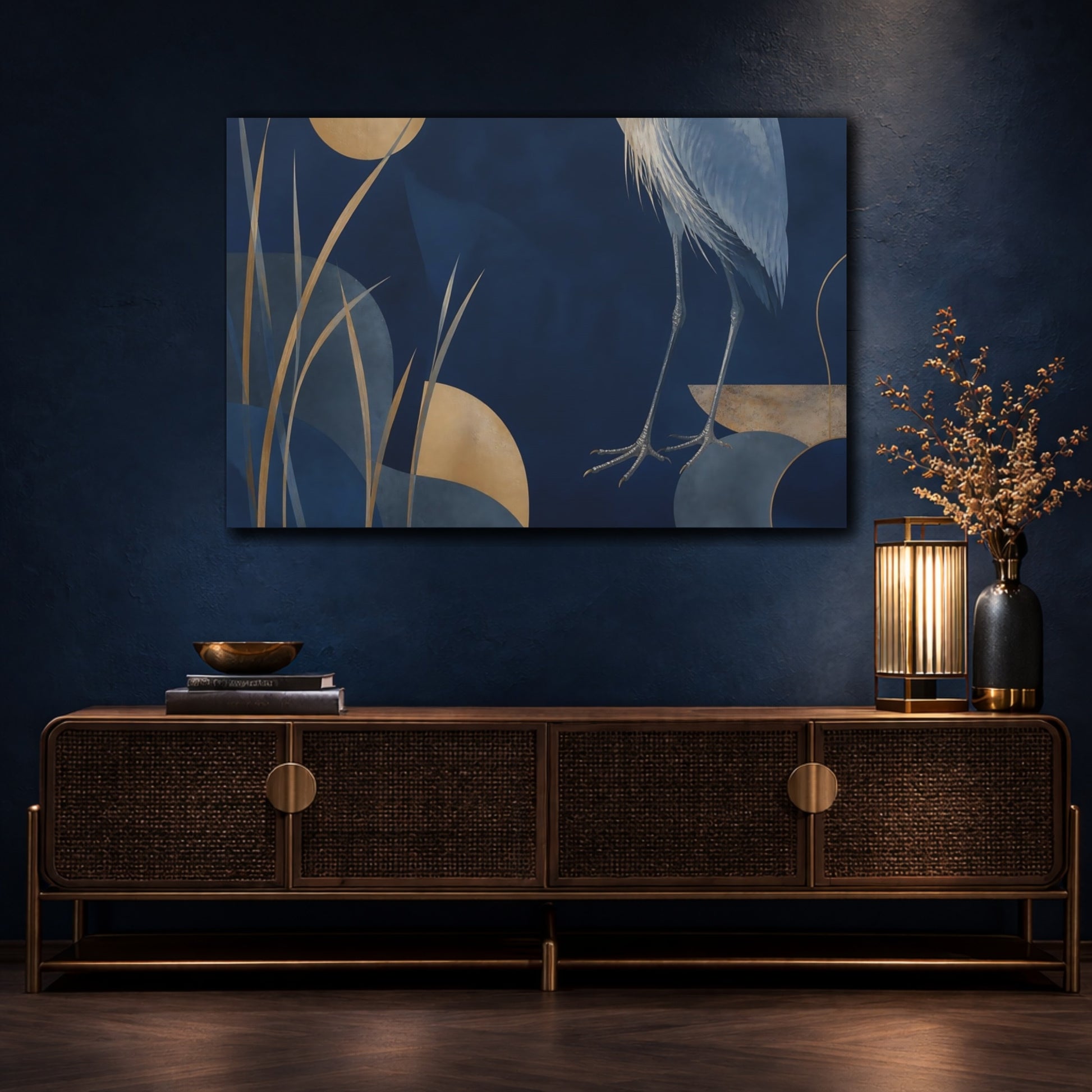 Mockup 4. Midnight Heron And Reeds shown as canvas print