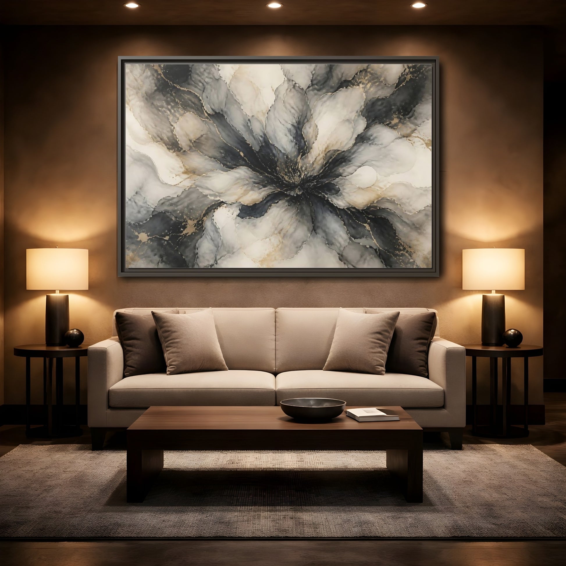 Mockup 2. Midnight Ink Bloom shown as framed canvas print