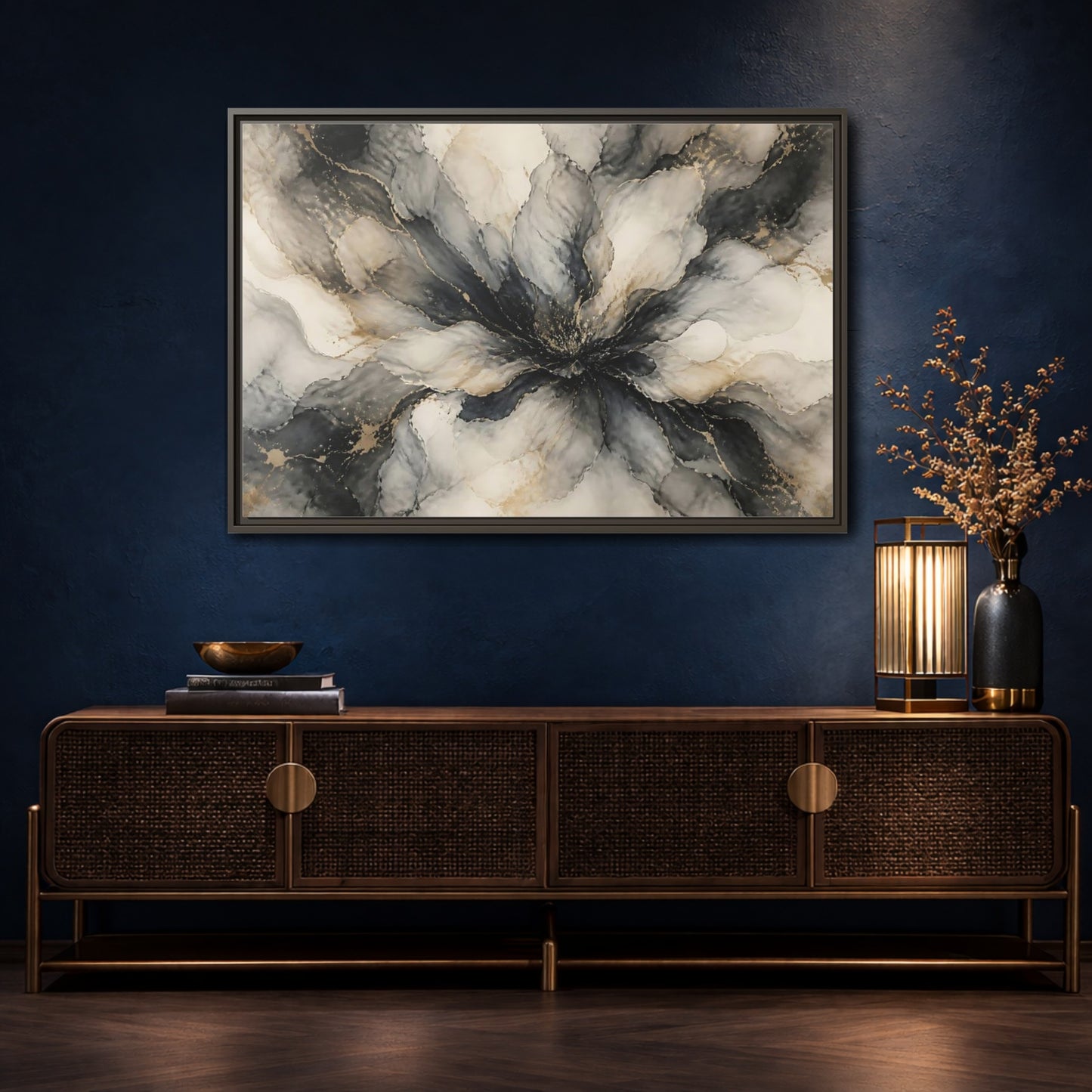 Mockup 4. Midnight Ink Bloom shown as framed canvas print