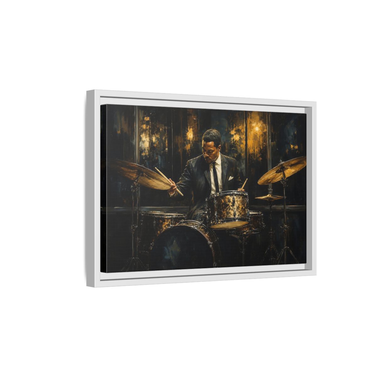 Side Mockup 4. Midnight Jazz Drummer shown as framed canvas print