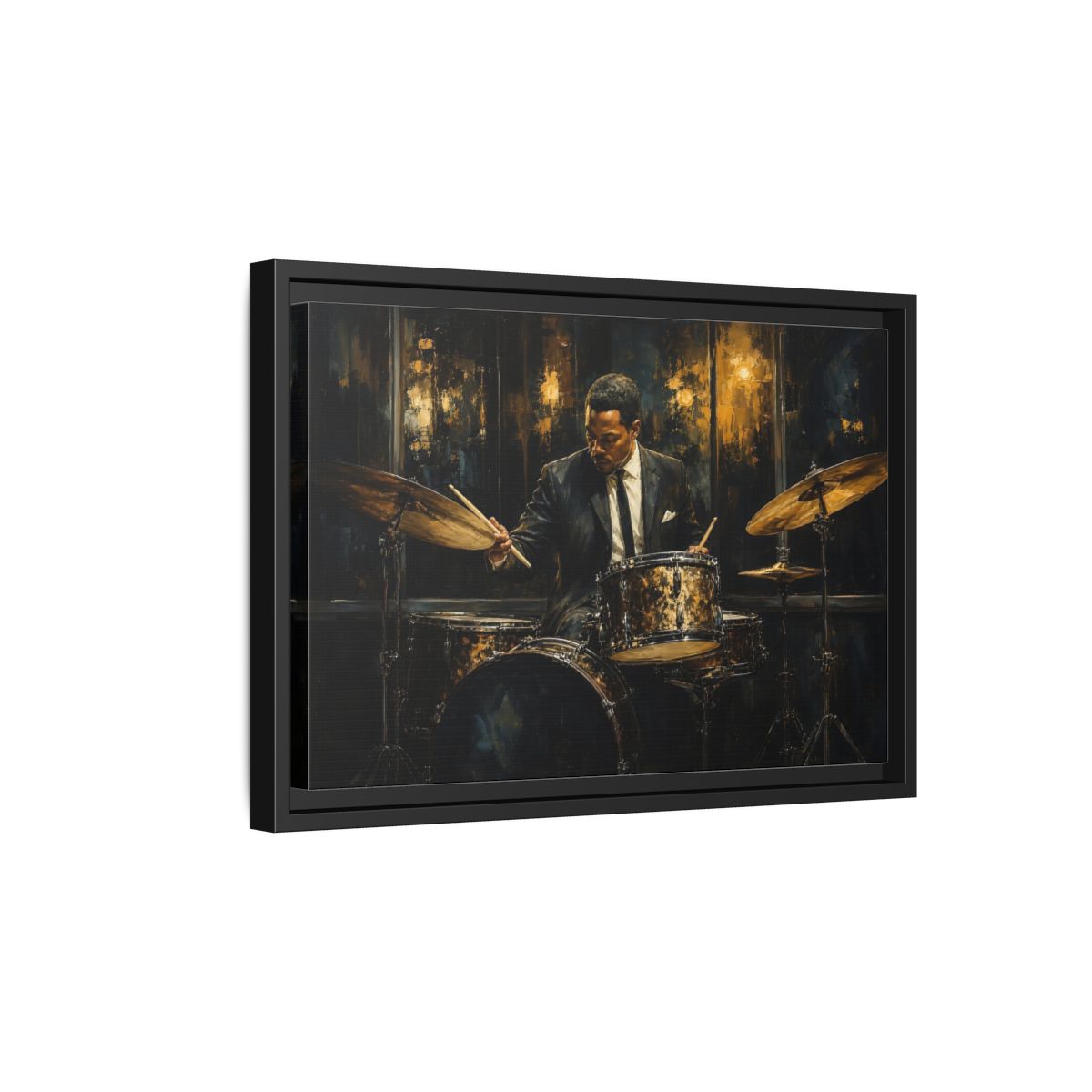 Side Mockup 6. Midnight Jazz Drummer shown as framed canvas print