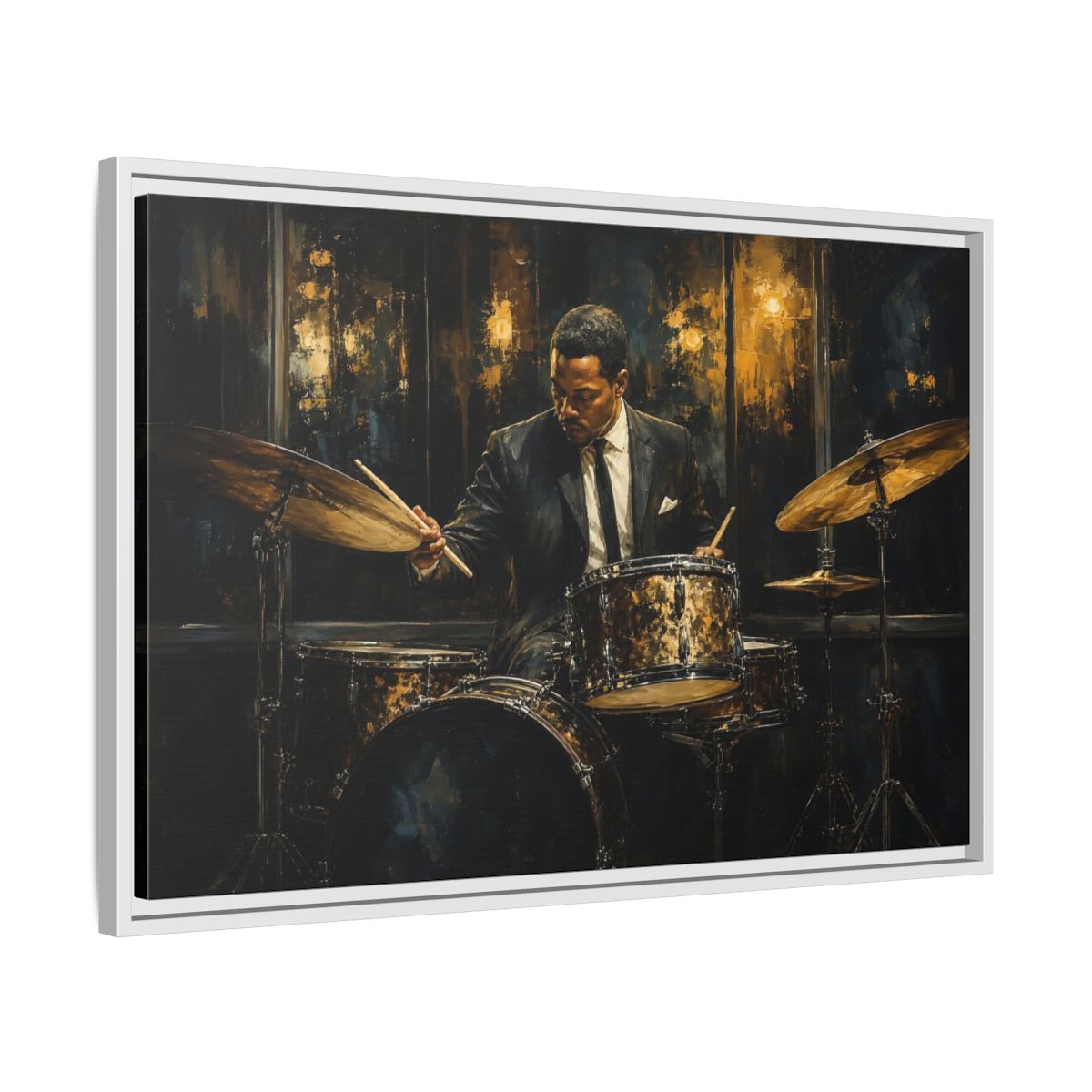 Side Mockup 10. Midnight Jazz Drummer shown as framed canvas print