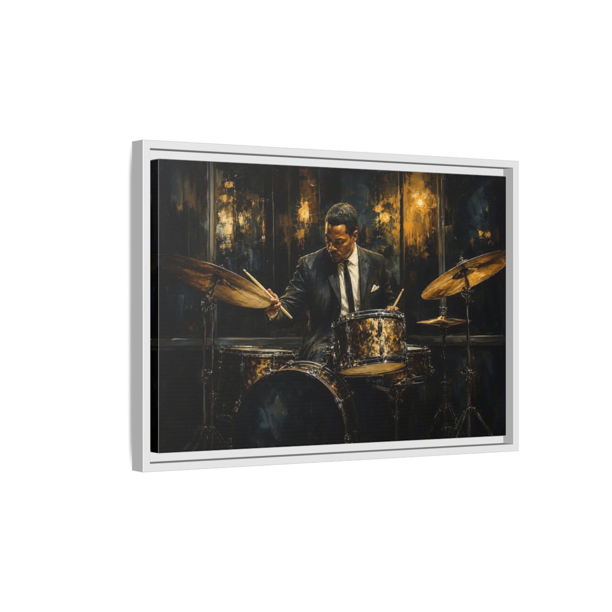 Side Mockup 1. Midnight Jazz Drummer shown as framed canvas print
