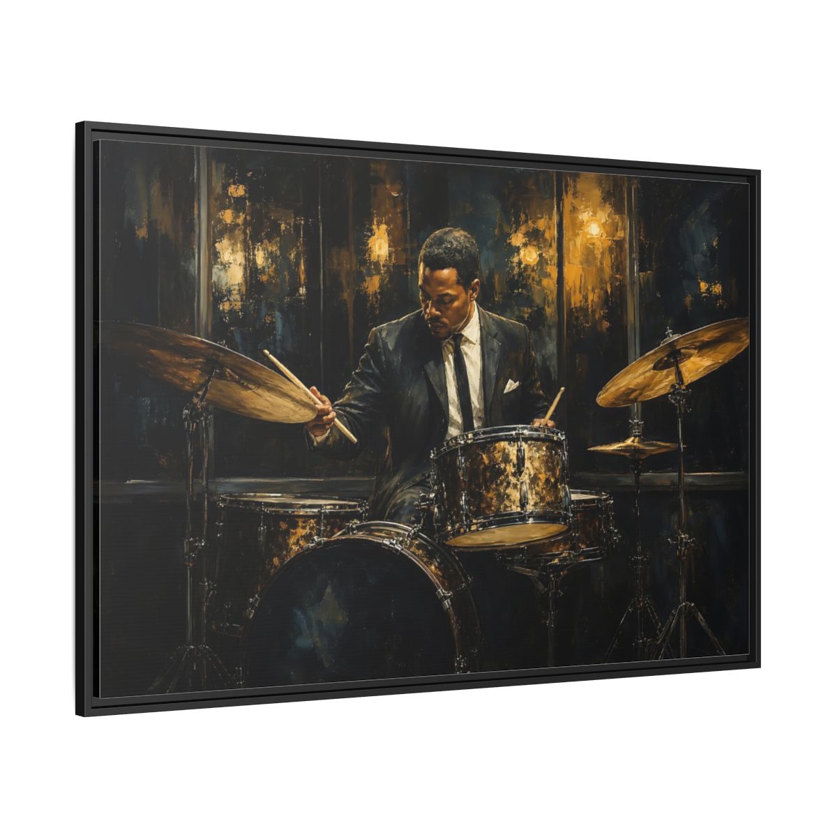 Side Mockup 12. Midnight Jazz Drummer shown as framed canvas print