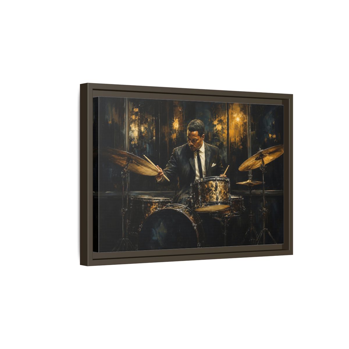 Side Mockup 5. Midnight Jazz Drummer shown as framed canvas print